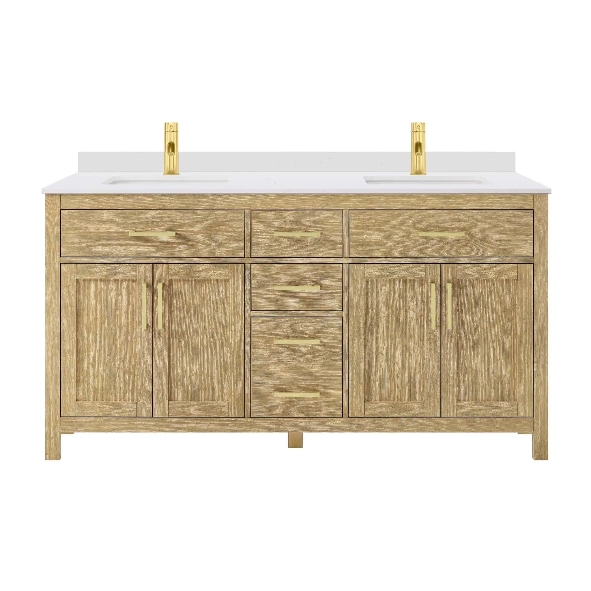 66" Beckett Double Bathroom Vanity in Whitewashed Oak with Brushed Gold Trim by Wyndham
