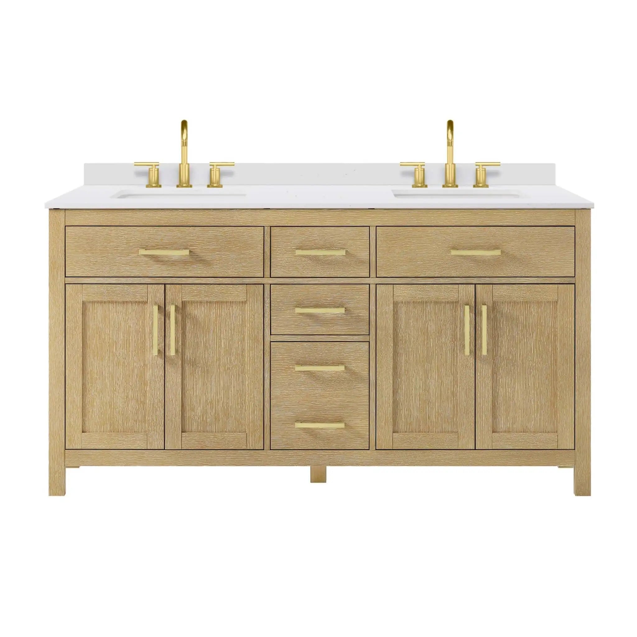 66" Beckett Double Bathroom Vanity in Whitewashed Oak with Brushed Gold Trim by Wyndham