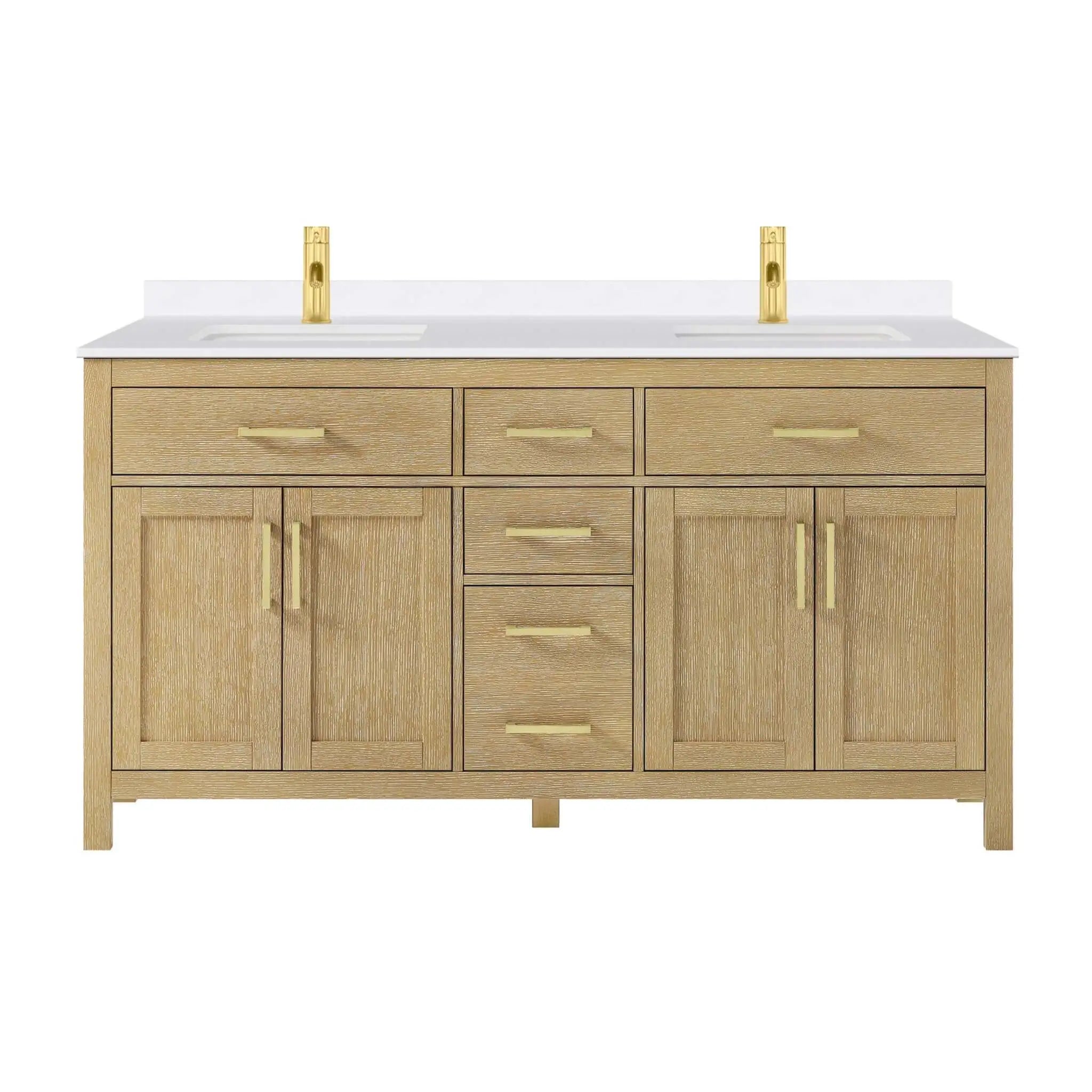 66" Beckett Double Bathroom Vanity in Whitewashed Oak with Brushed Gold Trim by Wyndham