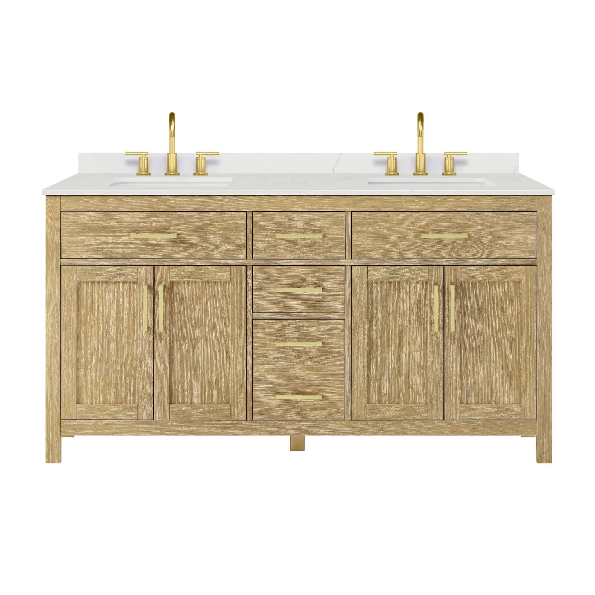 66" Beckett Double Bathroom Vanity in Whitewashed Oak with Brushed Gold Trim by Wyndham