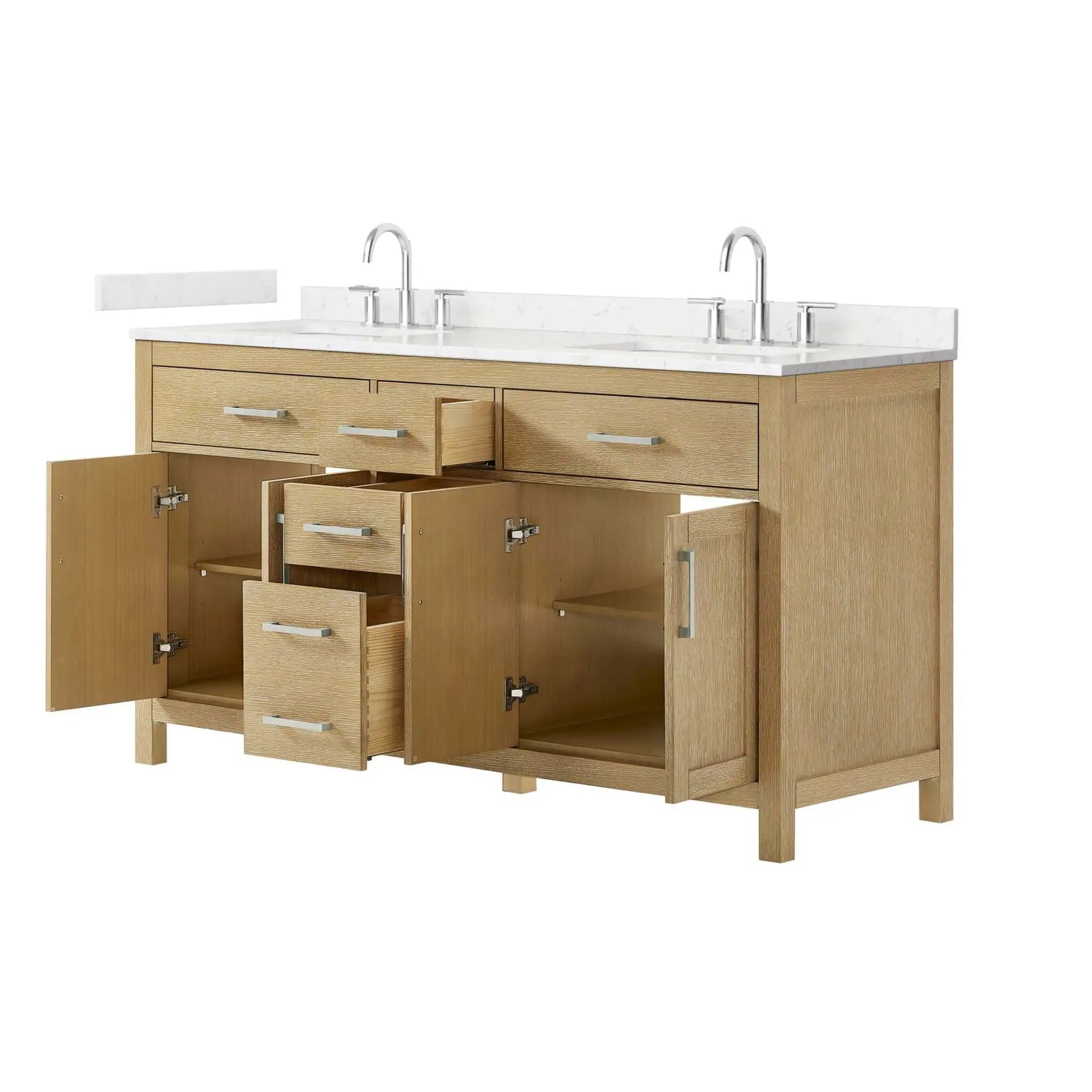 66" Beckett Double Bathroom Vanity in Whitewashed Oak with Brushed Nickel Trim by Wyndham