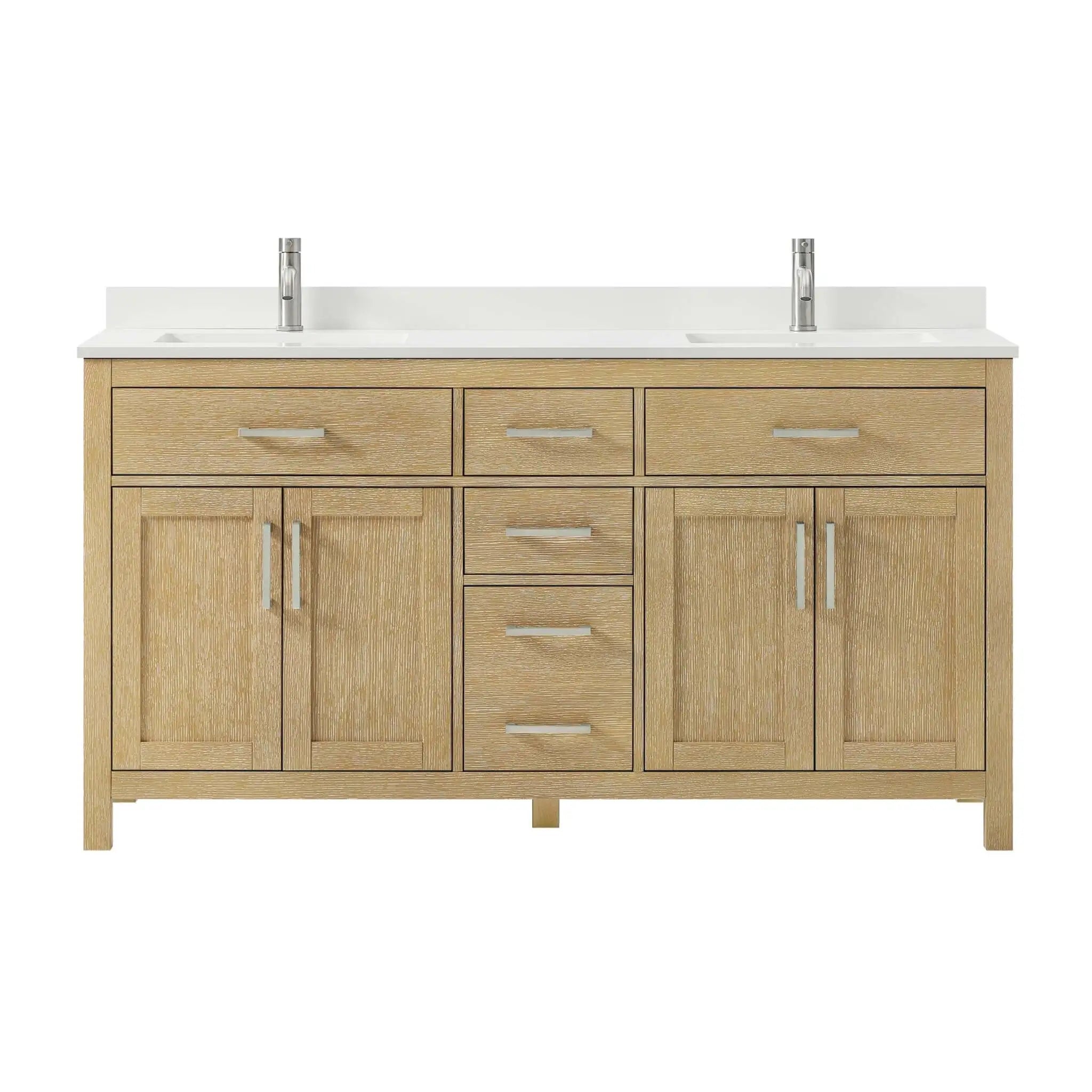 66" Beckett Double Bathroom Vanity in Whitewashed Oak with Brushed Nickel Trim by Wyndham