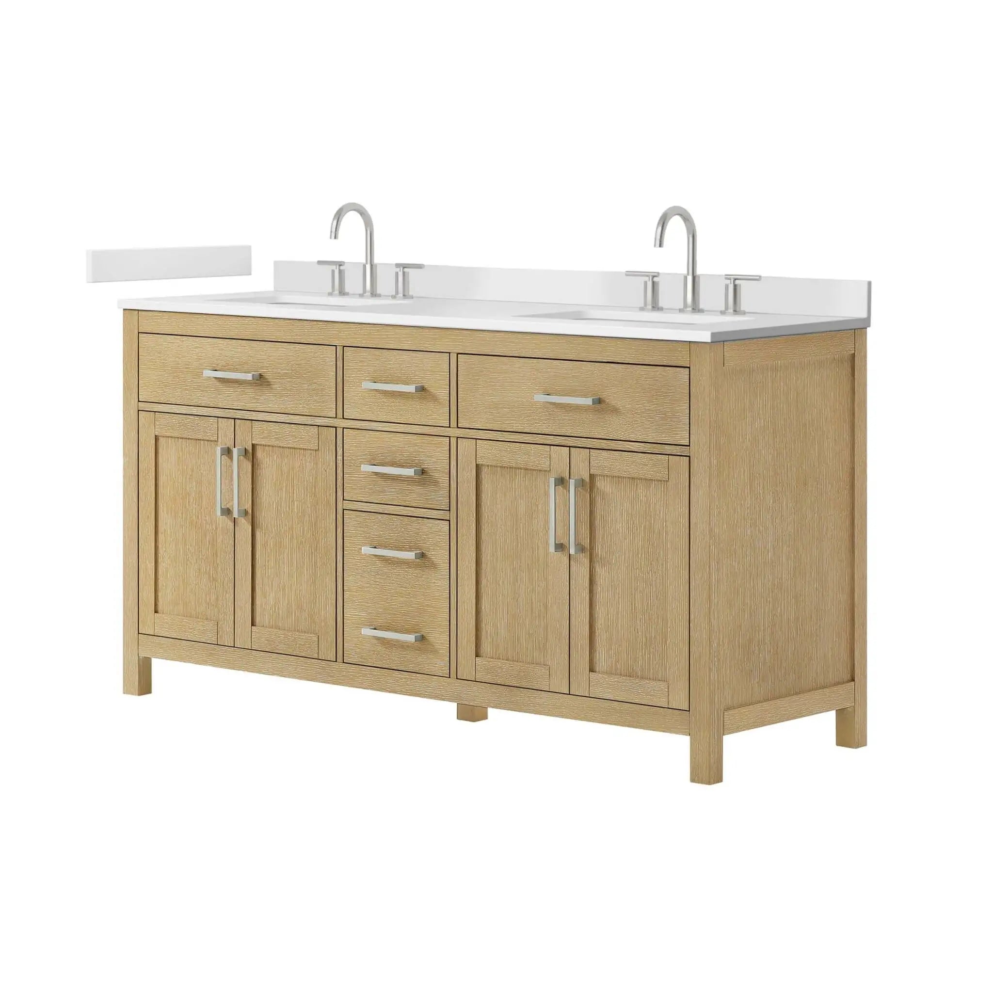 66" Beckett Double Bathroom Vanity in Whitewashed Oak with Brushed Nickel Trim by Wyndham