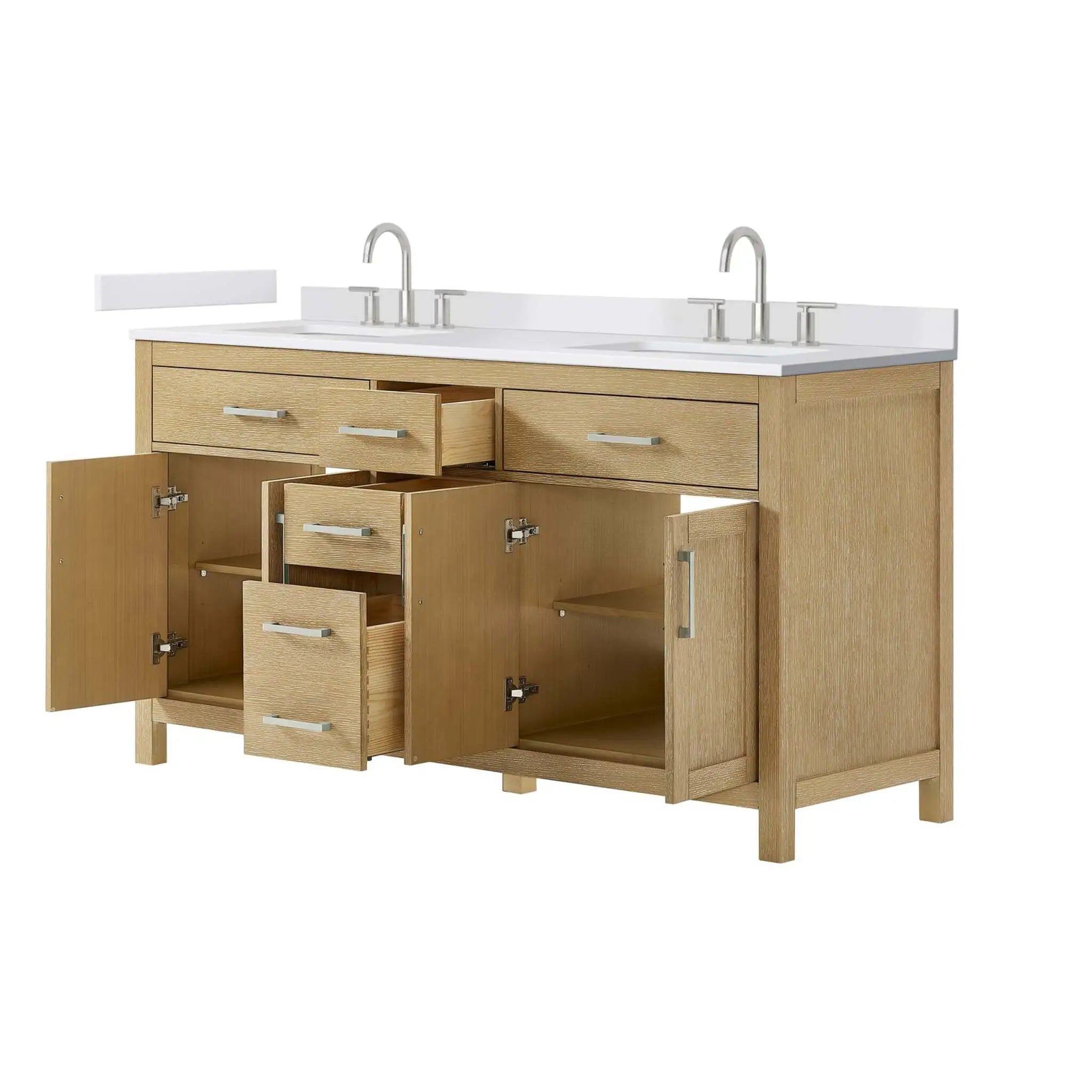 66" Beckett Double Bathroom Vanity in Whitewashed Oak with Brushed Nickel Trim by Wyndham