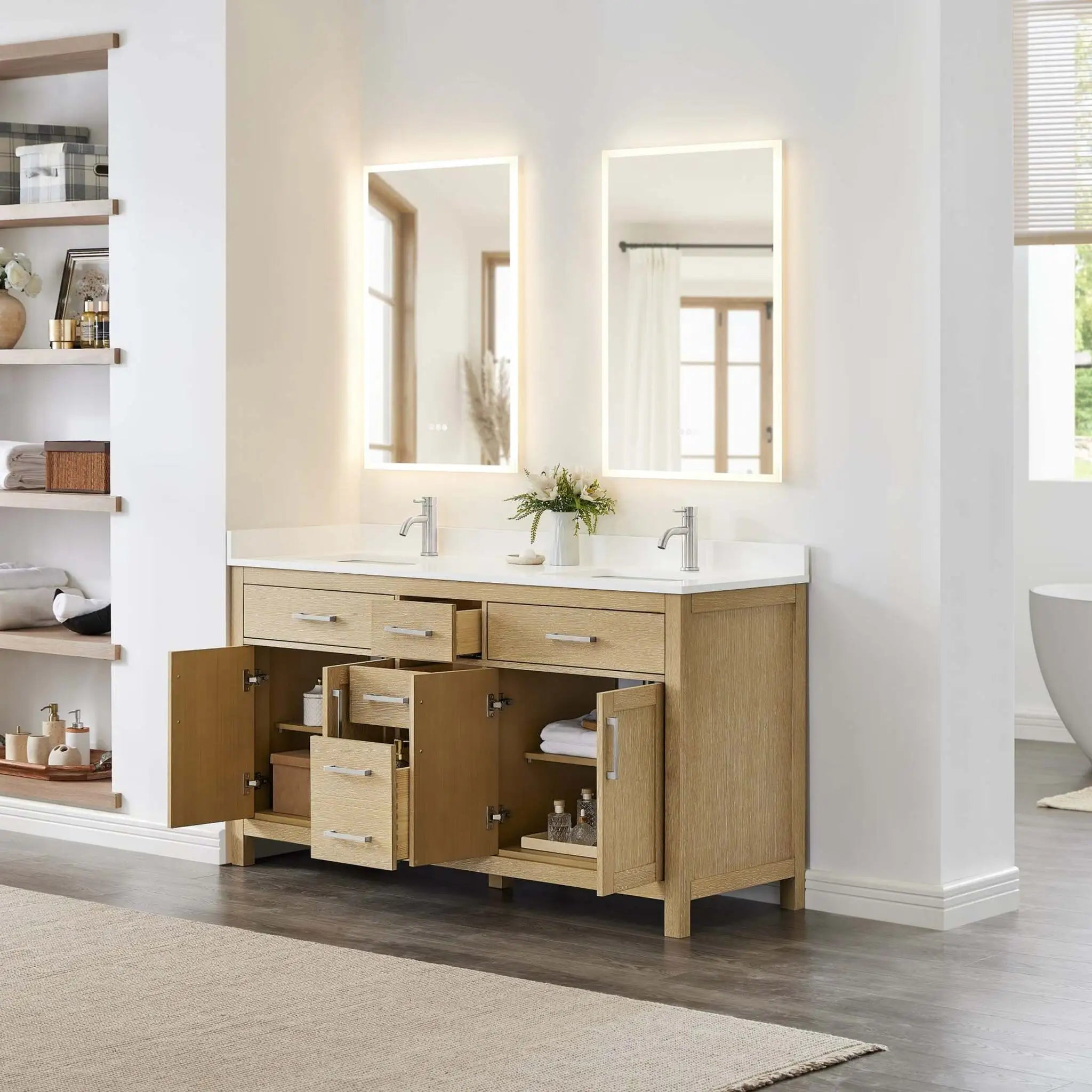 66" Beckett Double Bathroom Vanity in Whitewashed Oak with Brushed Nickel Trim by Wyndham