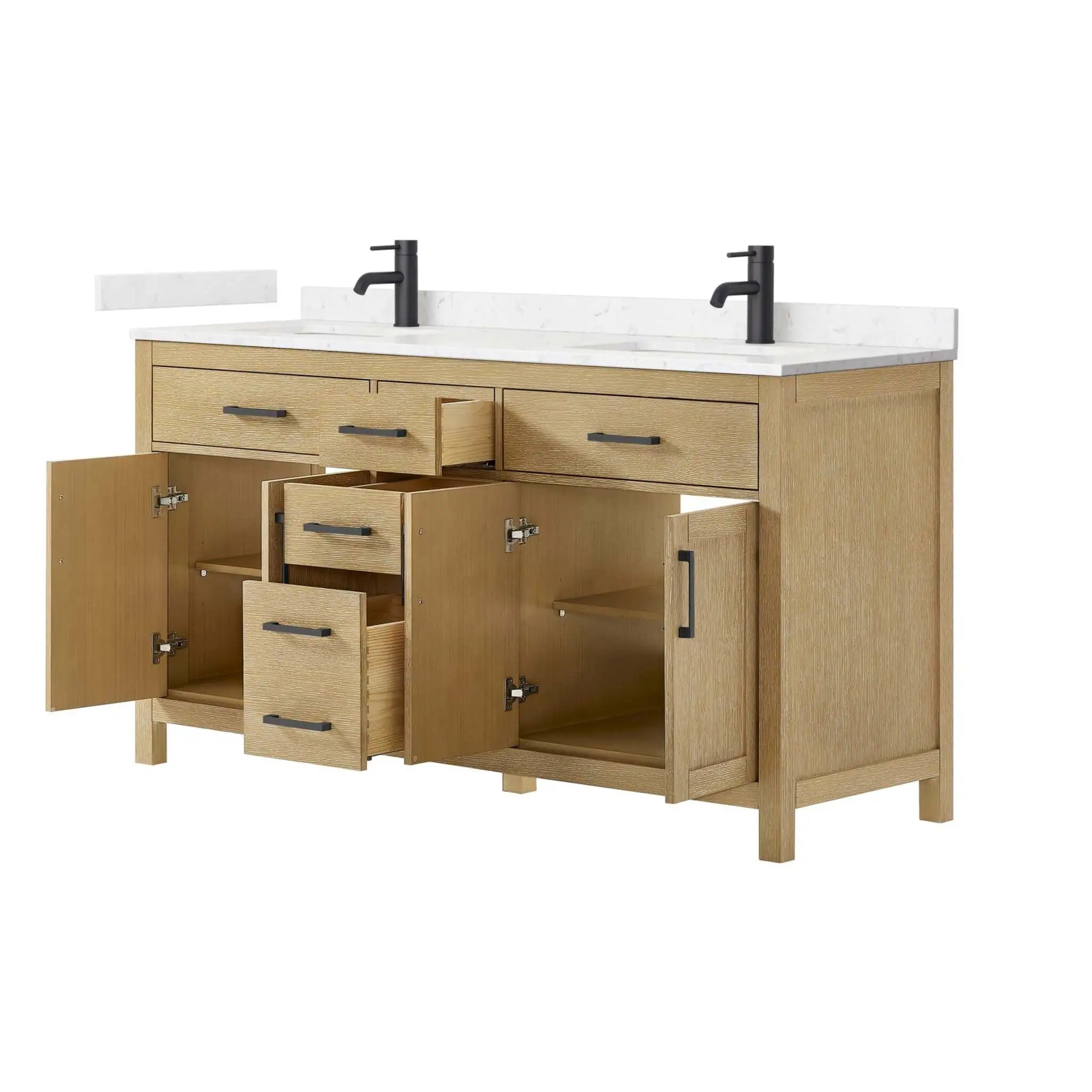 66" Beckett Double Bathroom Vanity in Whitewashed Oak with Matte Black Trim by Wyndham
