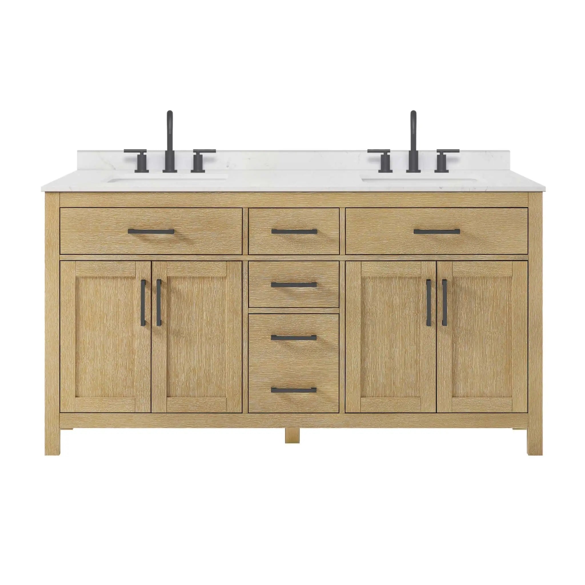 66" Beckett Double Bathroom Vanity in Whitewashed Oak with Matte Black Trim by Wyndham