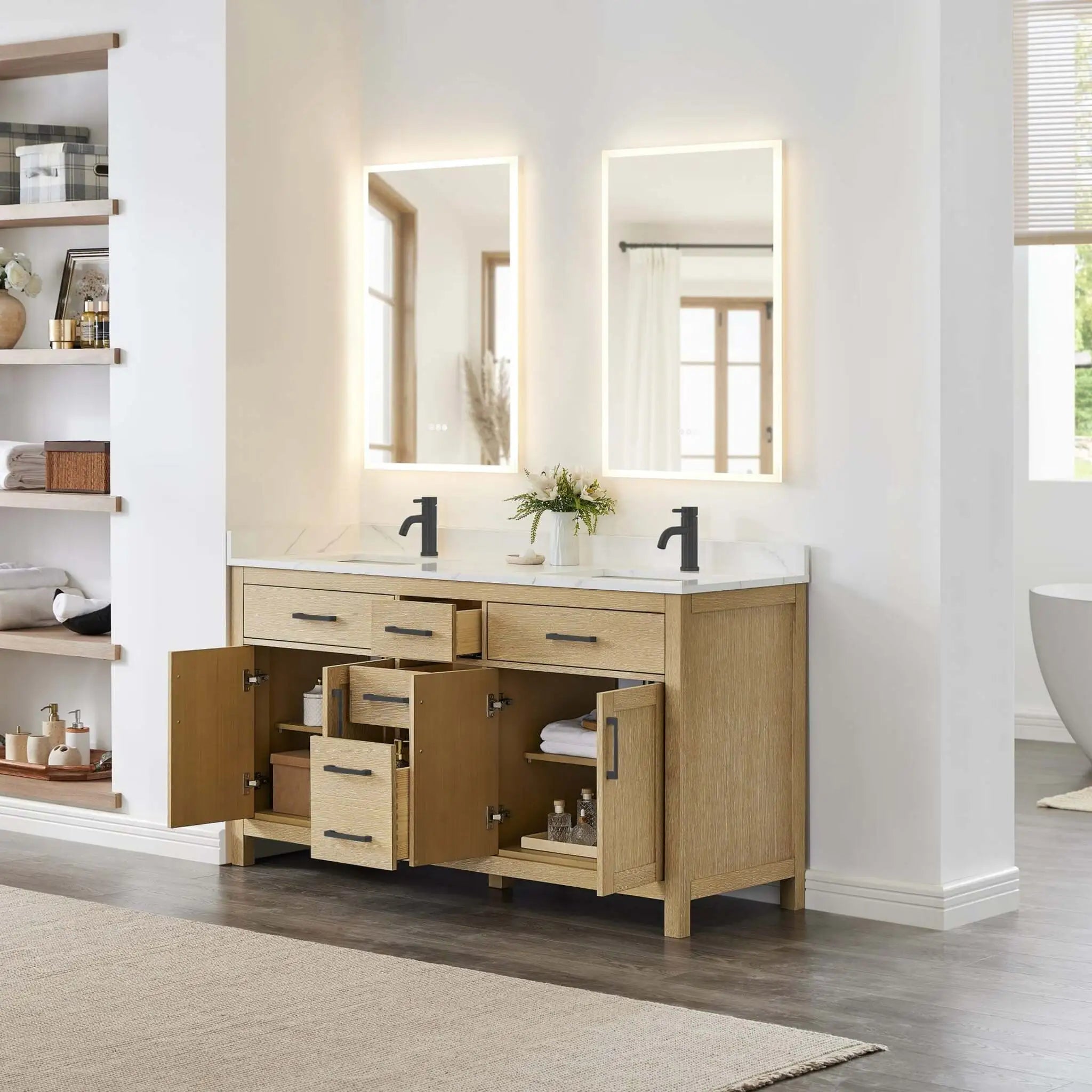 66" Beckett Double Bathroom Vanity in Whitewashed Oak with Matte Black Trim by Wyndham