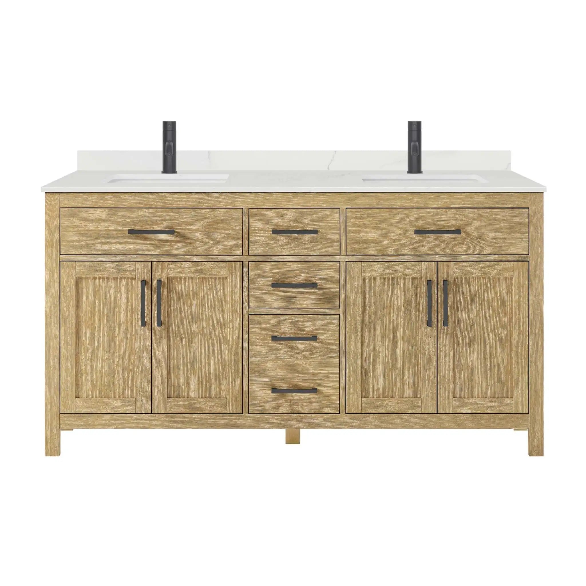66" Beckett Double Bathroom Vanity in Whitewashed Oak with Matte Black Trim by Wyndham