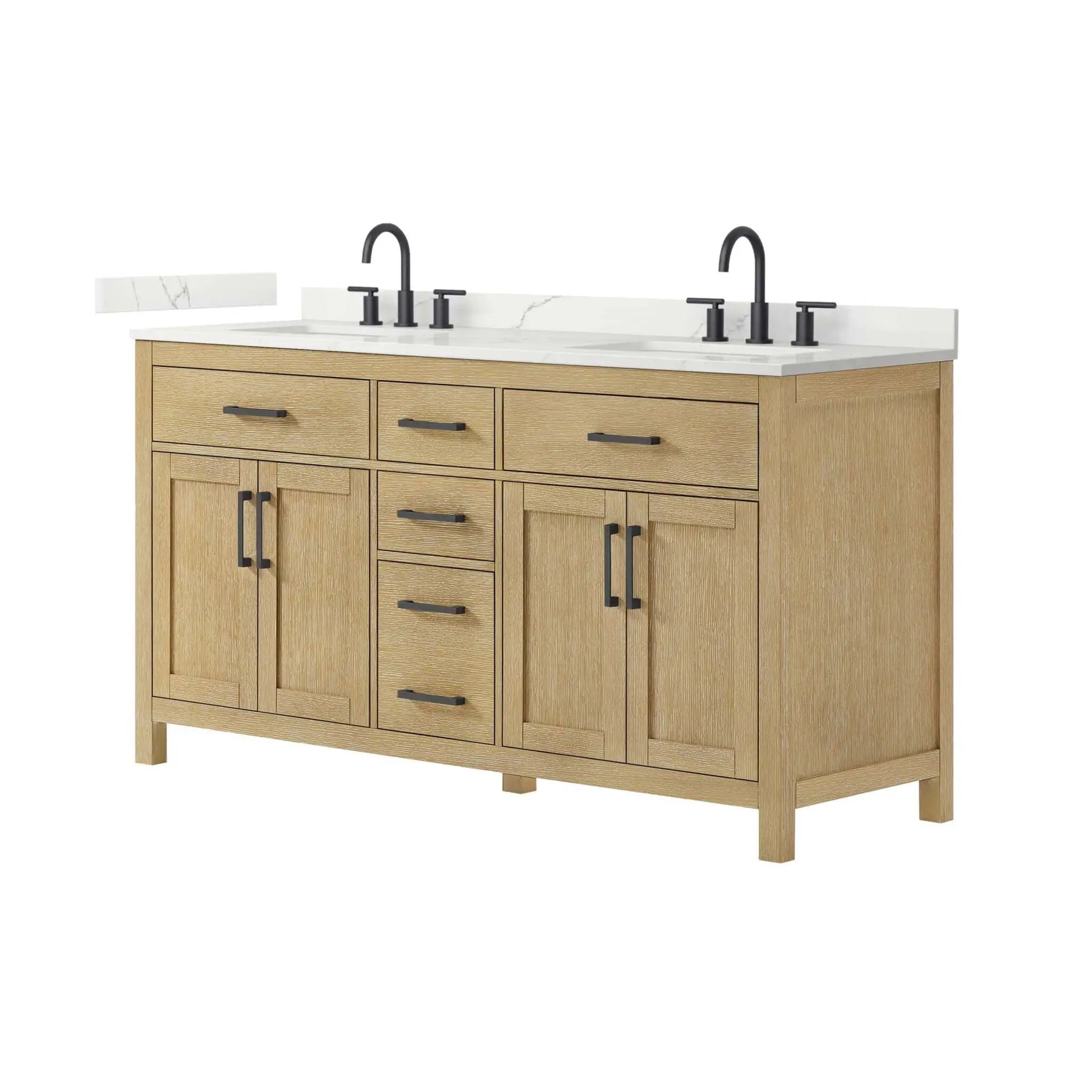 66" Beckett Double Bathroom Vanity in Whitewashed Oak with Matte Black Trim by Wyndham