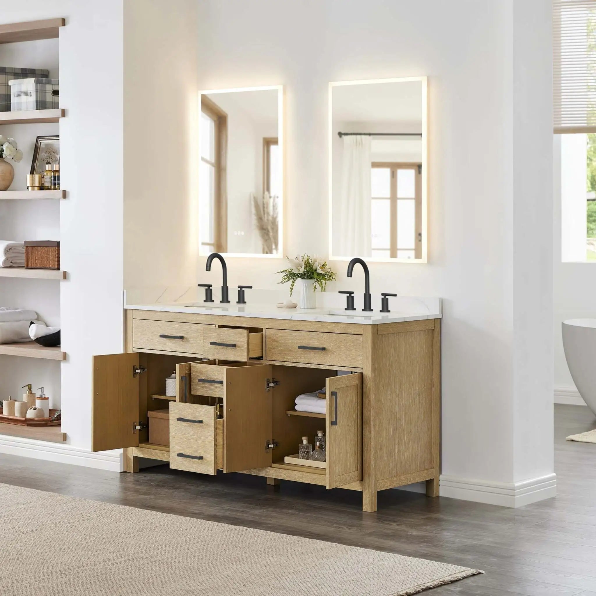 66" Beckett Double Bathroom Vanity in Whitewashed Oak with Matte Black Trim by Wyndham