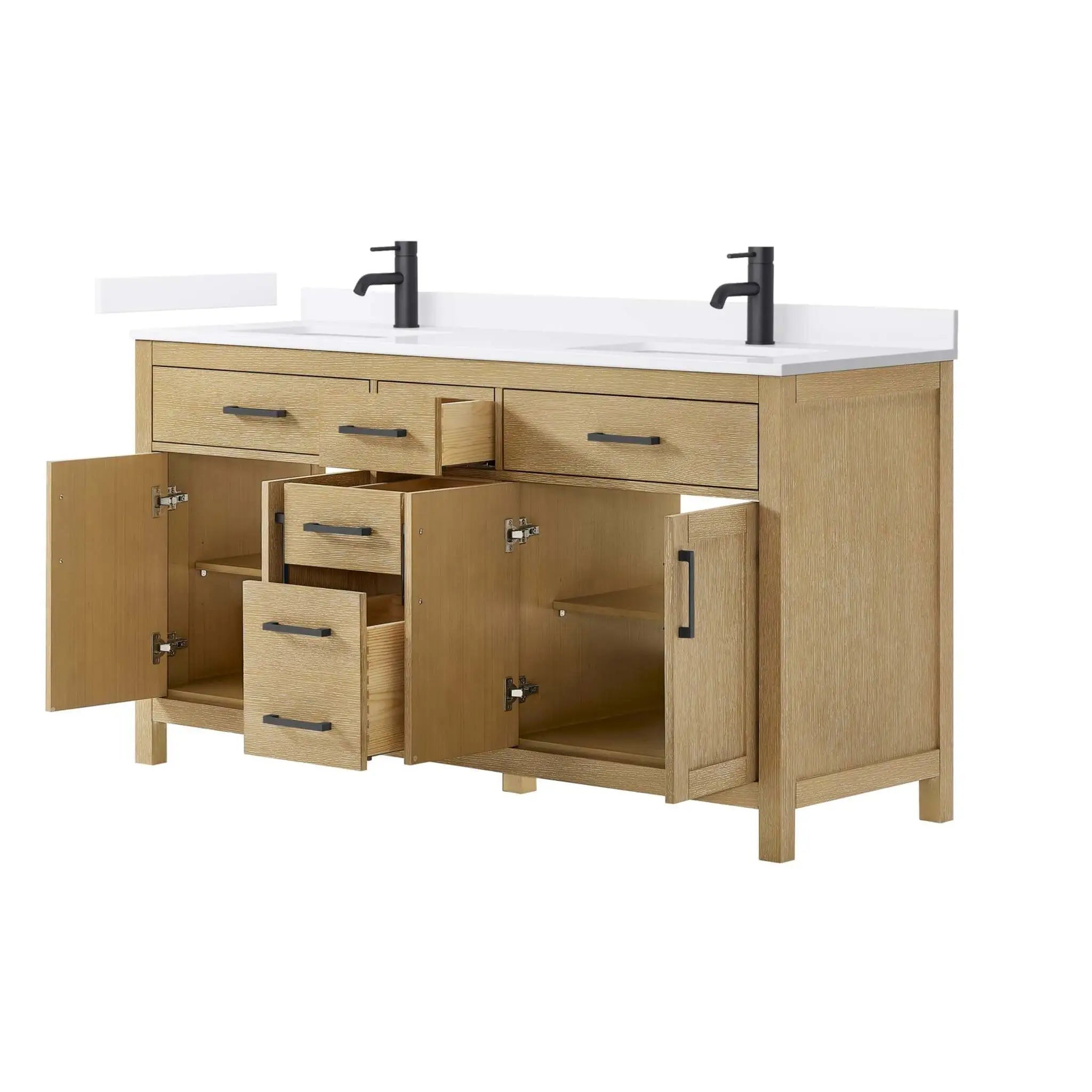 66" Beckett Double Bathroom Vanity in Whitewashed Oak with Matte Black Trim by Wyndham