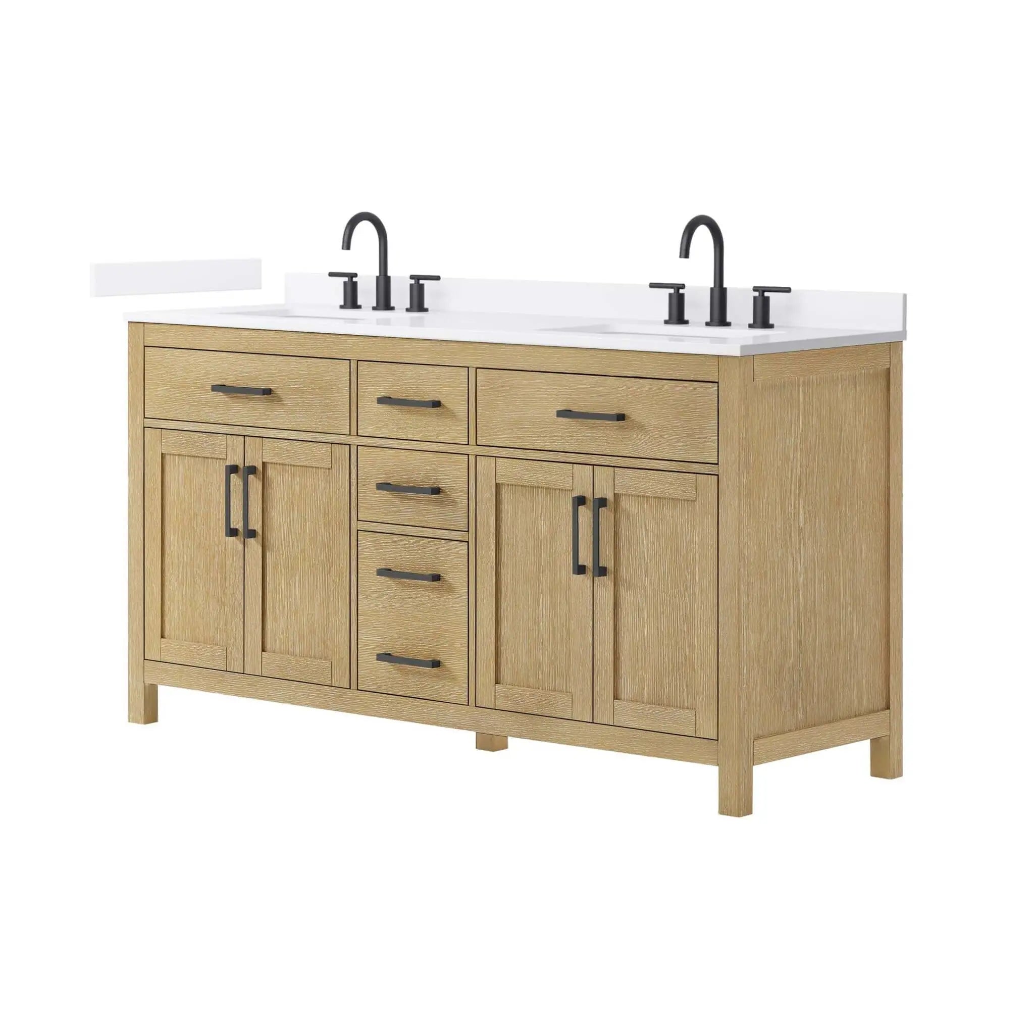 66" Beckett Double Bathroom Vanity in Whitewashed Oak with Matte Black Trim by Wyndham