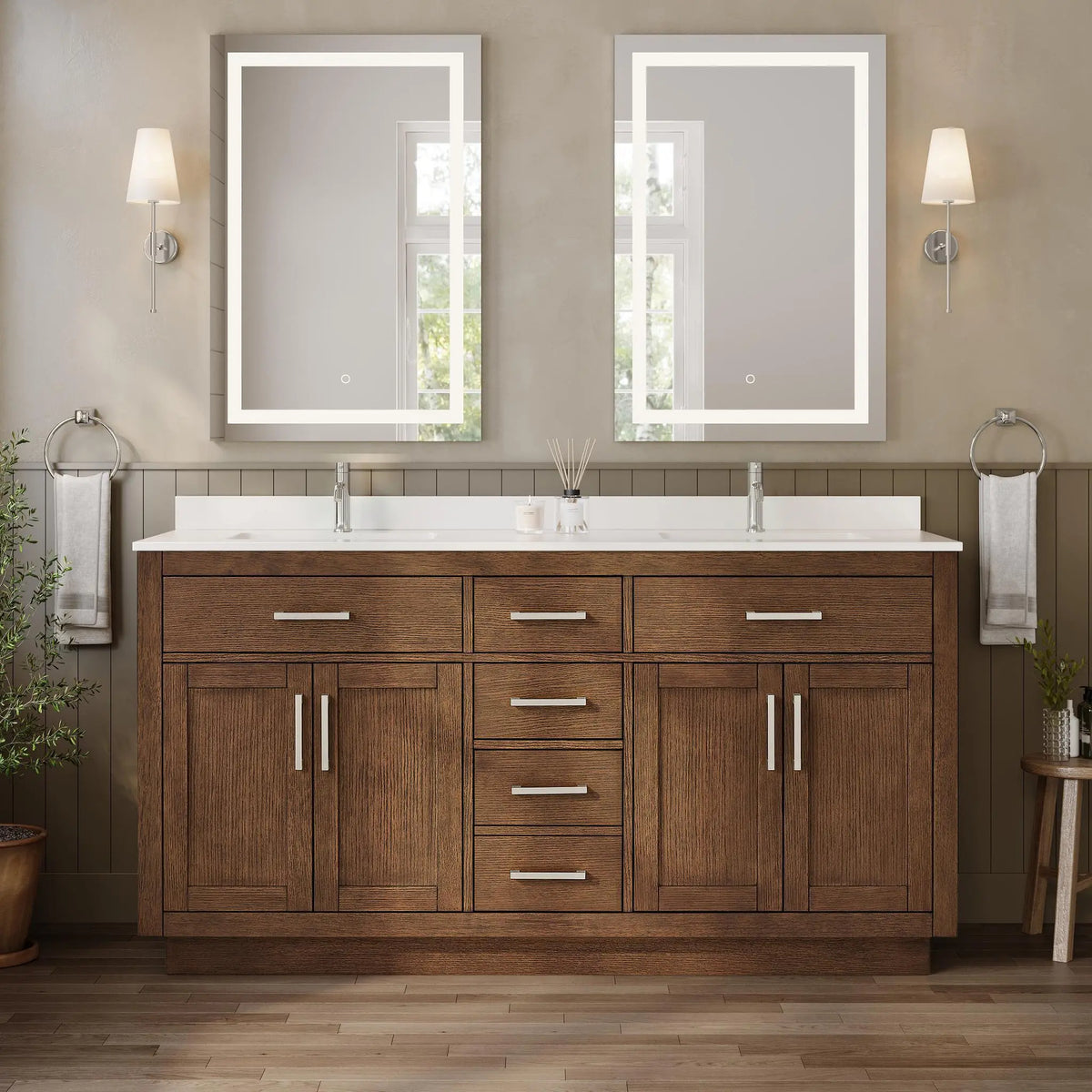66" Beckett Double Bathroom Vanity with Toe Kick Dark Oak Brushed Nickel Trim by wyndham View 9