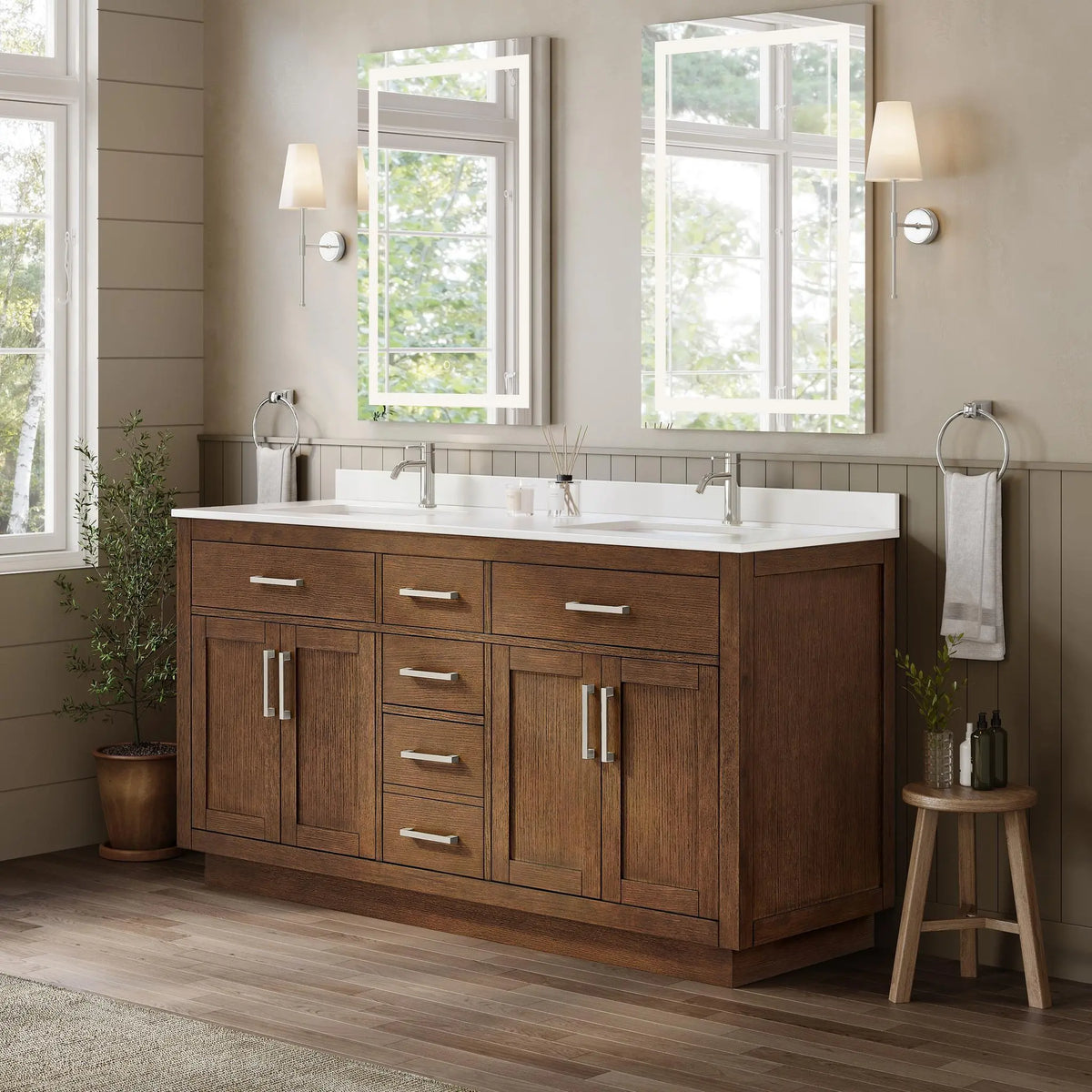 66" Beckett Double Bathroom Vanity with Toe Kick Dark Oak Brushed Nickel Trim by wyndham View 7