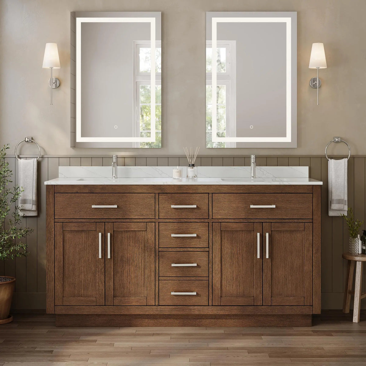 66" Beckett Double Bathroom Vanity with Toe Kick Dark Oak Brushed Nickel Trim by wyndham View 24