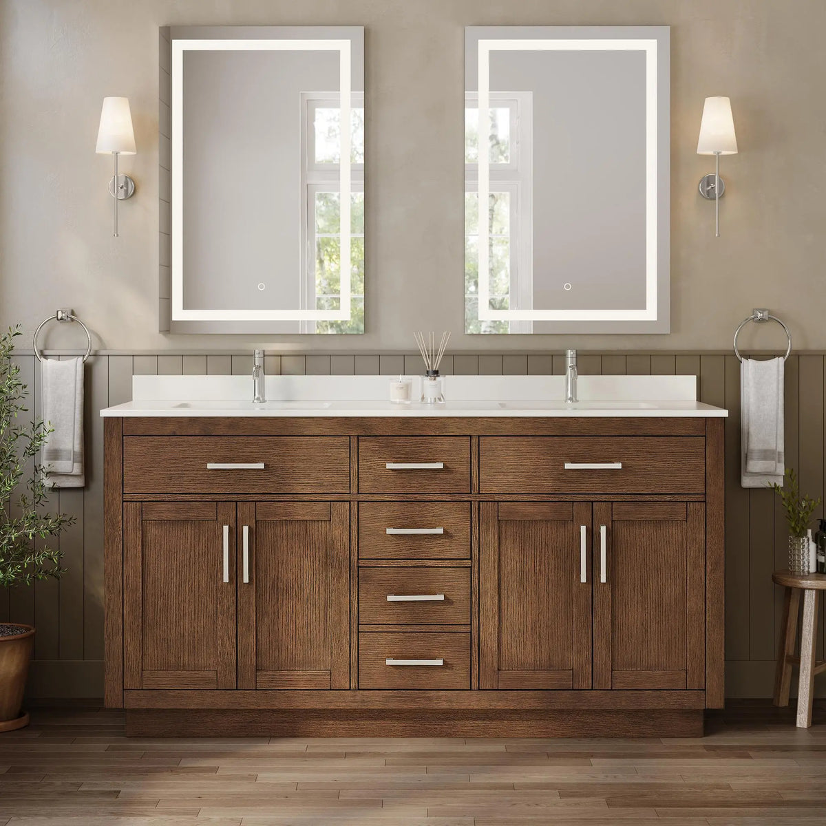 66" Beckett Double Bathroom Vanity with Toe Kick Dark Oak Brushed Nickel Trim by wyndham View 29
