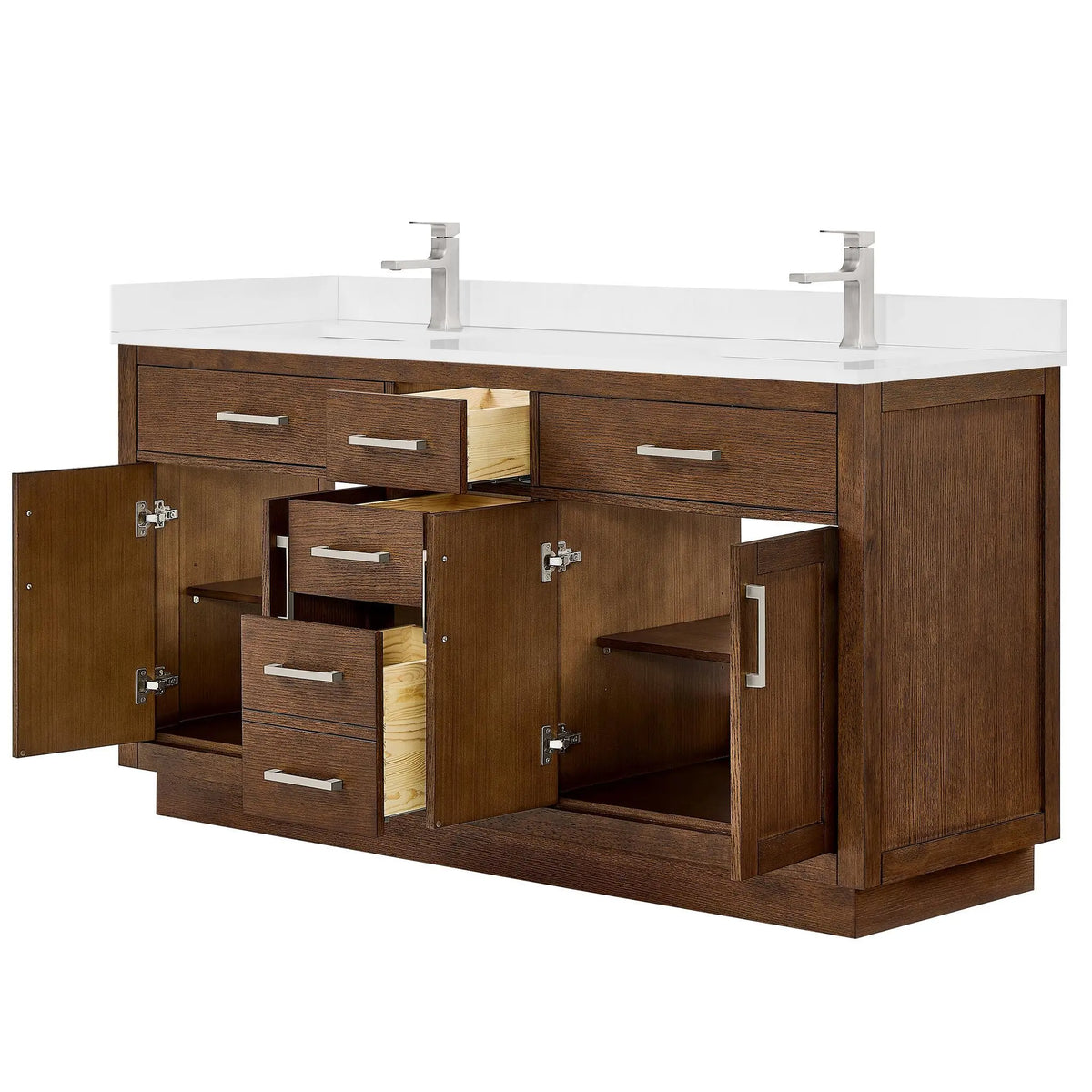 66" Beckett Double Bathroom Vanity with Toe Kick Dark Oak Brushed Nickel Trim by wyndham View 28