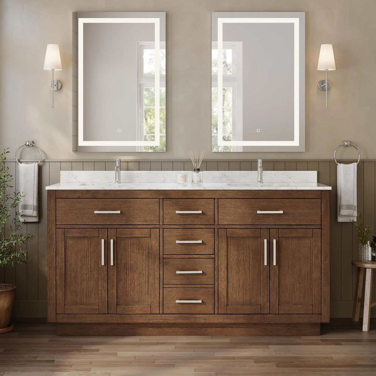 66" Beckett Double Bathroom Vanity with Toe Kick Dark Oak Brushed Nickel Trim by wyndham View 4