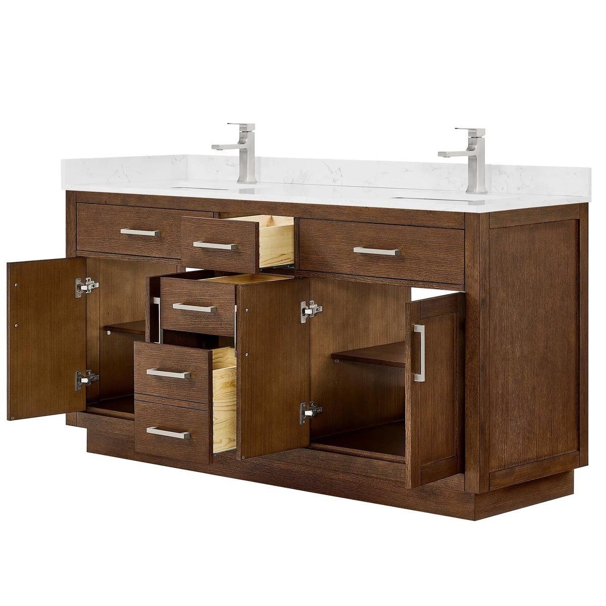 66" Beckett Double Bathroom Vanity with Toe Kick Dark Oak Brushed Nickel Trim by wyndham View 3