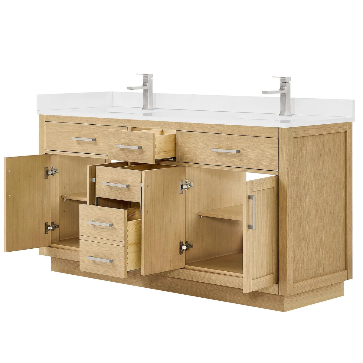 66" Beckett Double Bathroom Vanity with Toe Kick Rift Oak Brushed Nickel Trim by wyndham View 28
