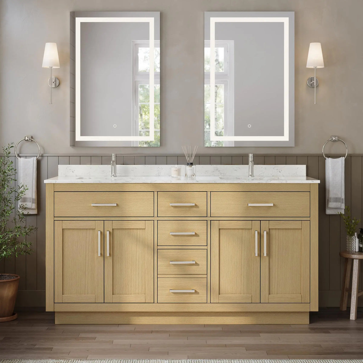 66" Beckett Double Bathroom Vanity with Toe Kick Rift Oak Brushed Nickel Trim by wyndham View 4