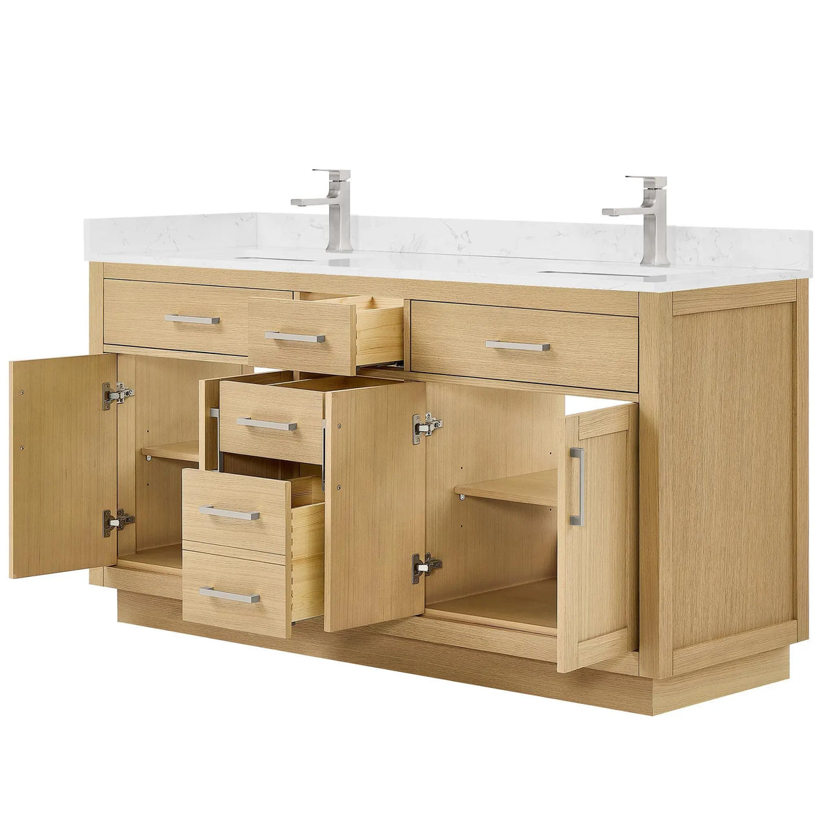 66" Beckett Double Bathroom Vanity with Toe Kick Rift Oak Brushed Nickel Trim by wyndham View 3