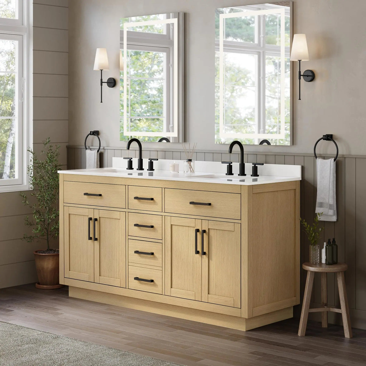 66" Beckett Double Bathroom Vanity with Toe Kick Rift Oak Matte Black Trim by wyndham View 17