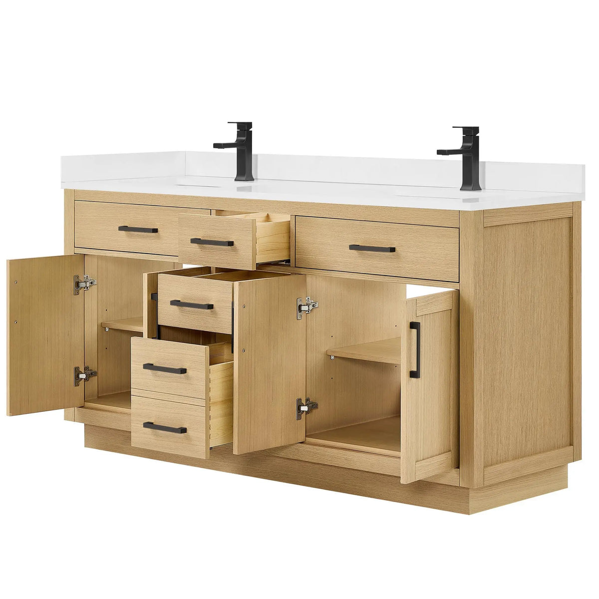 66" Beckett Double Bathroom Vanity with Toe Kick Rift Oak Matte Black Trim by wyndham View 28
