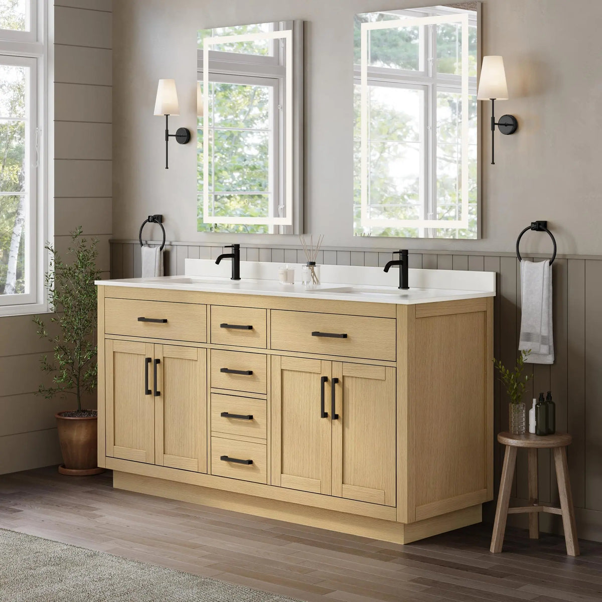 66" Beckett Double Bathroom Vanity with Toe Kick Rift Oak Matte Black Trim by wyndham View 27