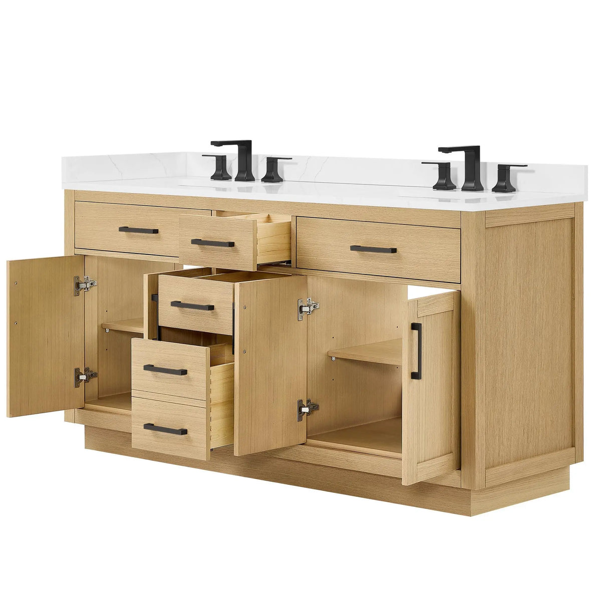 66" Beckett Double Bathroom Vanity with Toe Kick Rift Oak Matte Black Trim by wyndham View 33