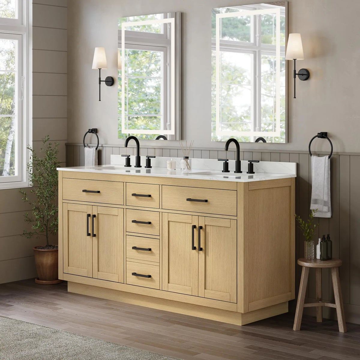 66" Beckett Double Bathroom Vanity with Toe Kick Rift Oak Matte Black Trim by wyndham View 32