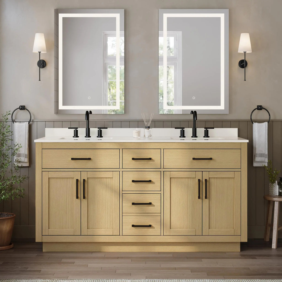 66" Beckett Double Bathroom Vanity with Toe Kick Rift Oak Matte Black Trim by wyndham View 39
