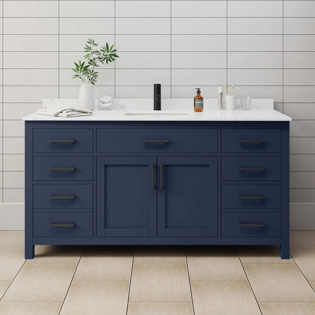 66" Beckett Single Bathroom Vanity in Dark Blue with Matte Black Trim by Wyndham