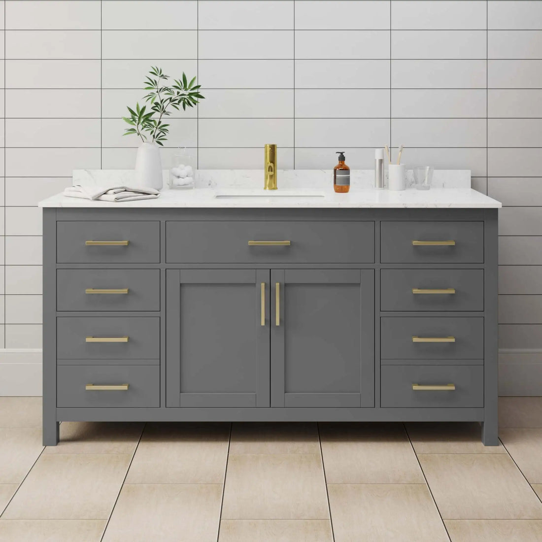 66" Beckett Single Bathroom Vanity in Dark Gray with Brushed Gold Trim by Wyndham