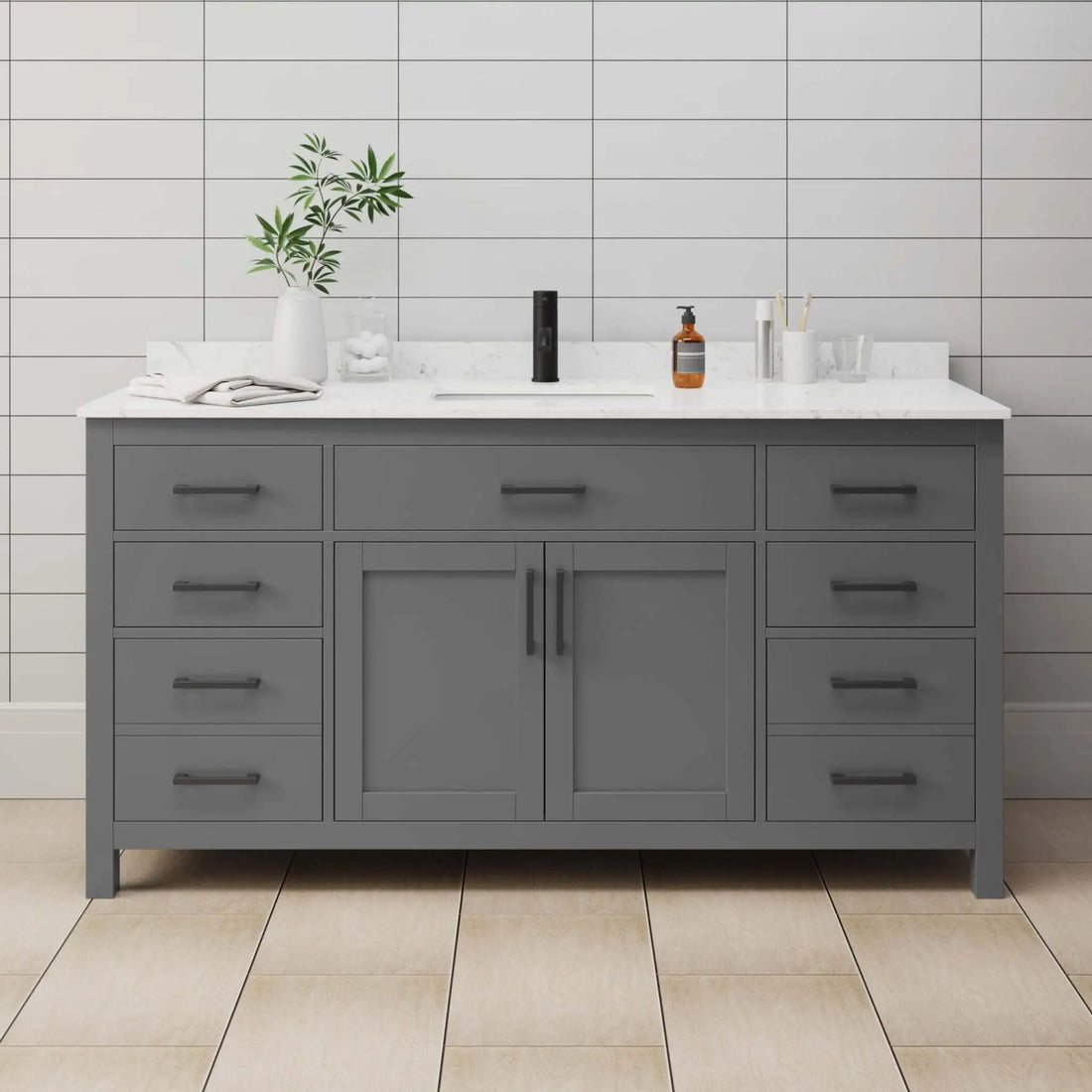 66" Beckett Single Bathroom Vanity in Dark Gray with Matte Black Trim by Wyndham