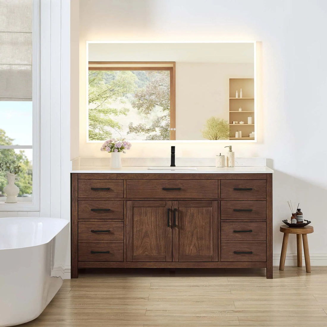 66" Beckett Single Bathroom Vanity in Dark Walnut with Matte Black Trim by Wyndham