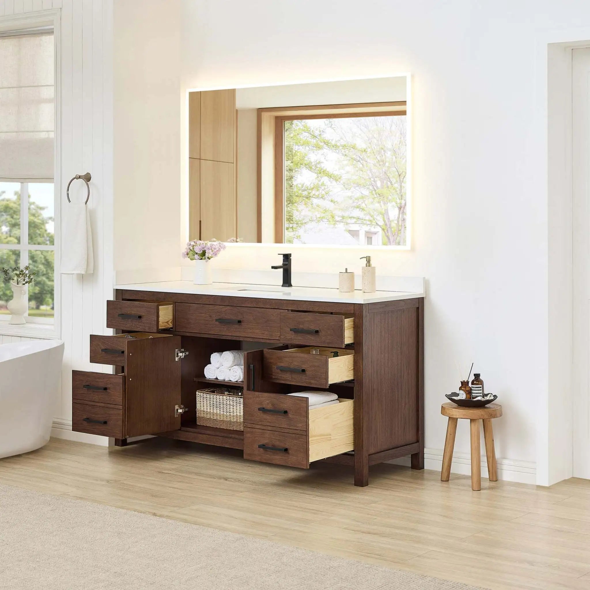 66" Beckett Single Bathroom Vanity in Dark Walnut with Matte Black Trim by Wyndham