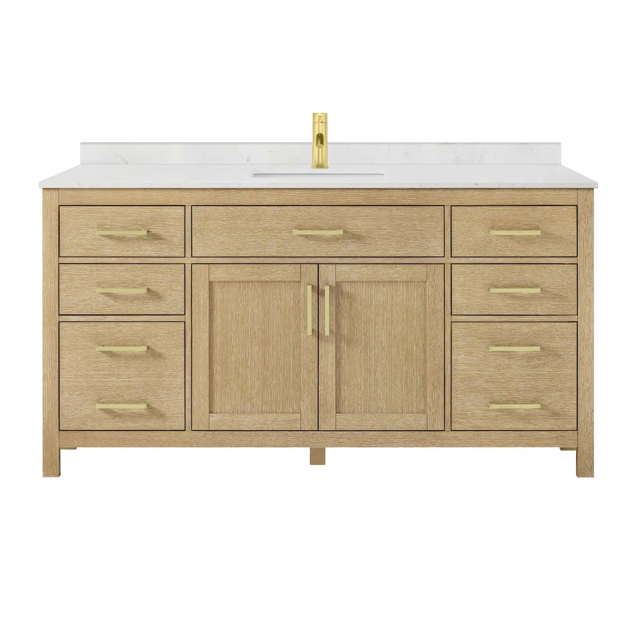 66" Beckett Single Bathroom Vanity in Whitewashed Oak with Brushed Gold Trim by Wyndham