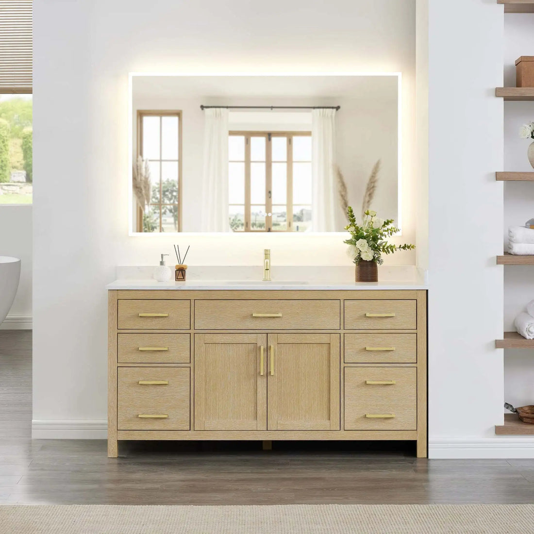 66" Beckett Single Bathroom Vanity in Whitewashed Oak with Brushed Gold Trim by Wyndham