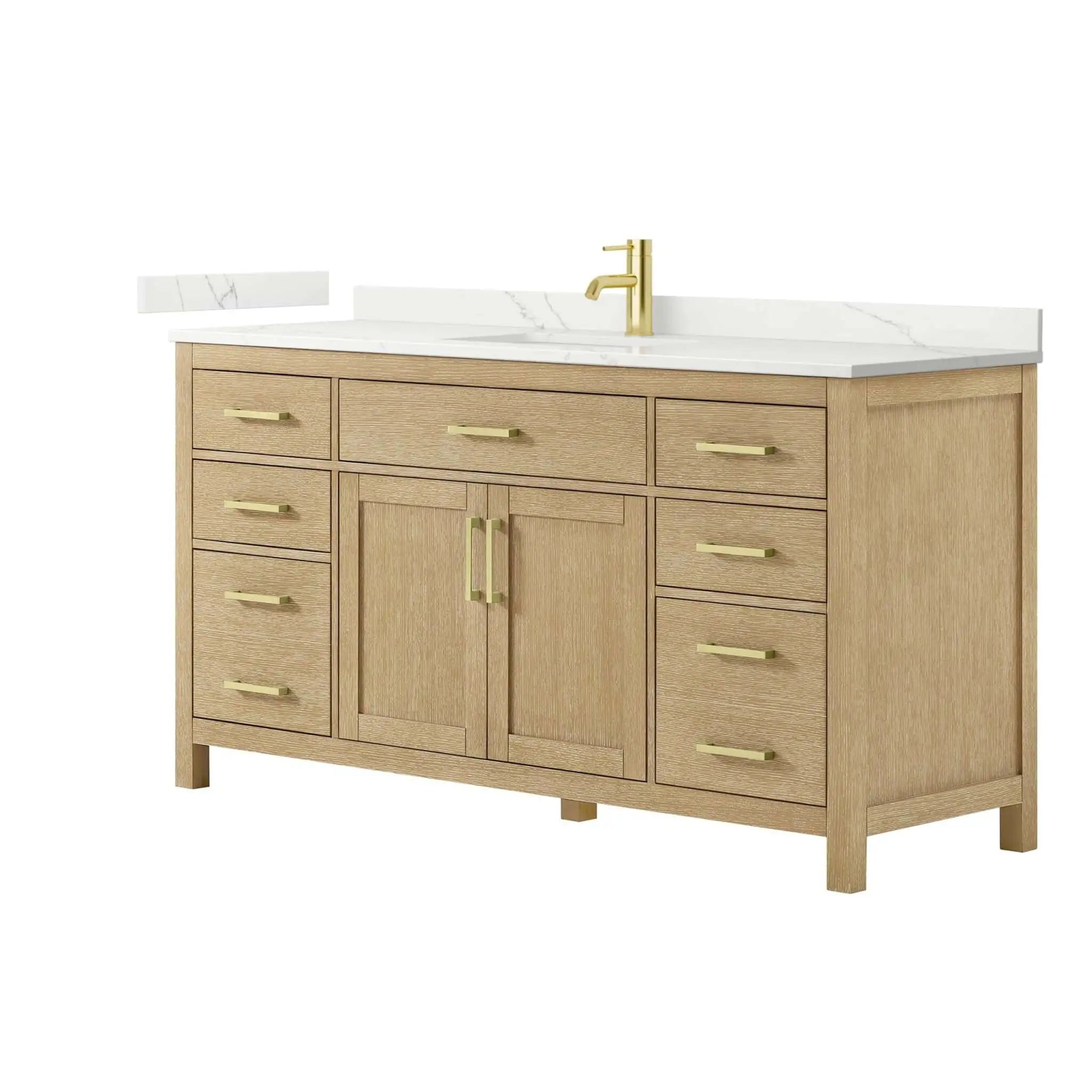 66" Beckett Single Bathroom Vanity in Whitewashed Oak with Brushed Gold Trim by Wyndham