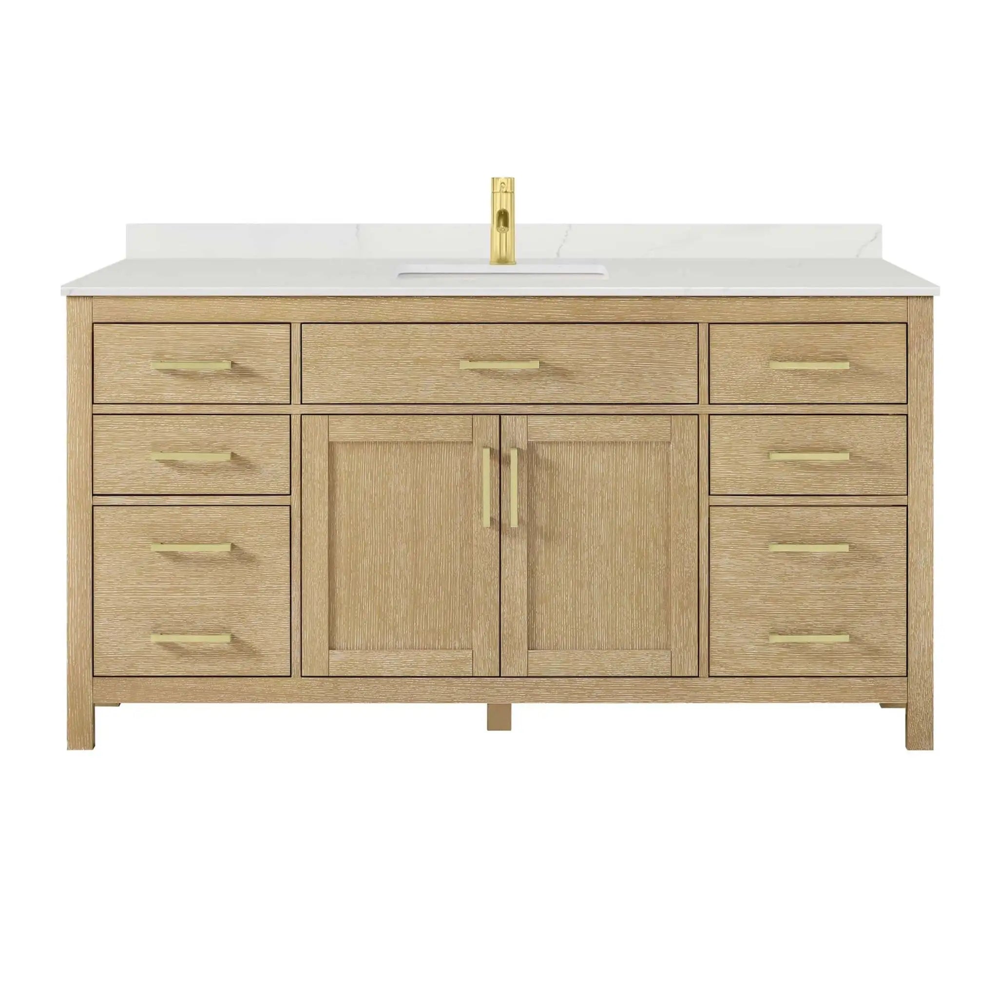 66" Beckett Single Bathroom Vanity in Whitewashed Oak with Brushed Gold Trim by Wyndham