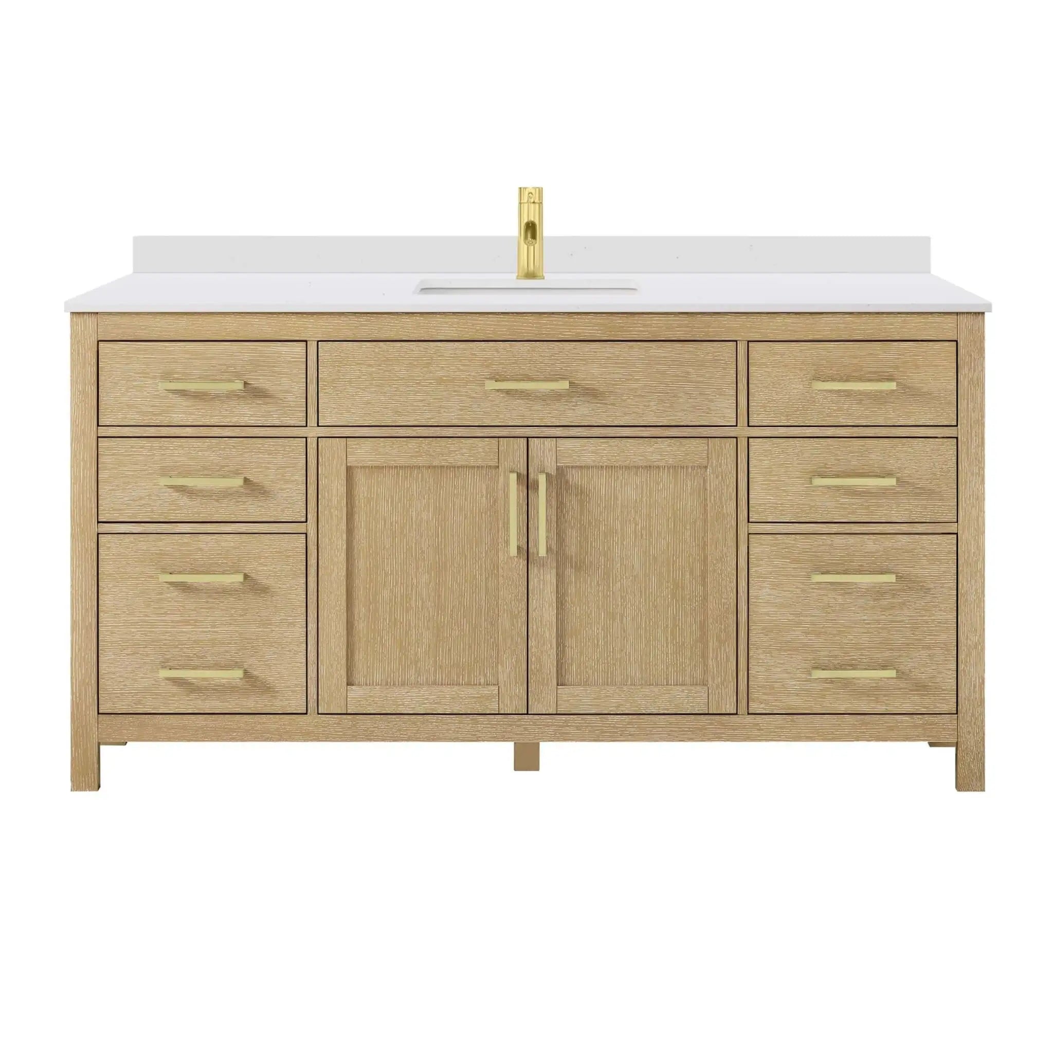 66" Beckett Single Bathroom Vanity in Whitewashed Oak with Brushed Gold Trim by Wyndham