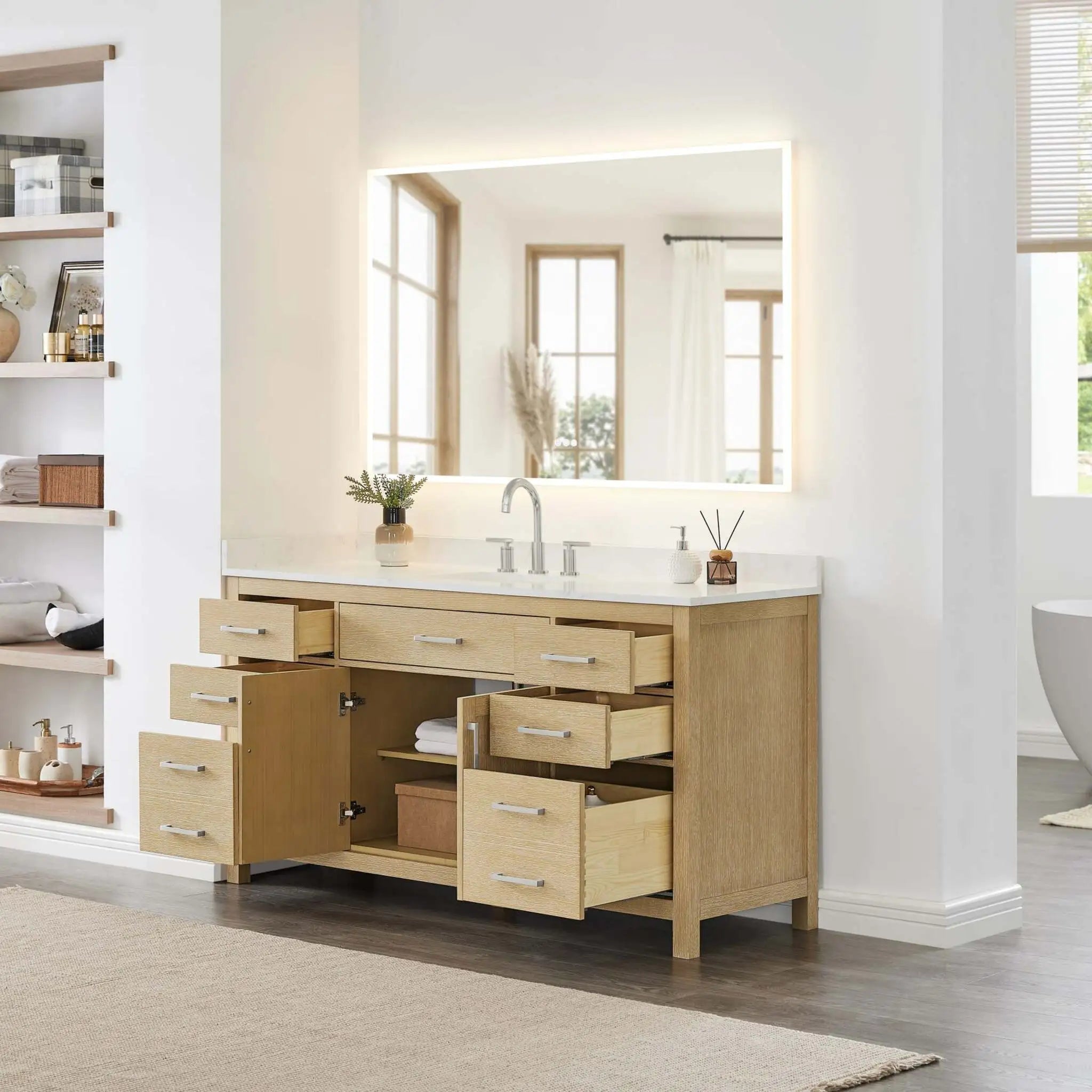 66" Beckett Single Bathroom Vanity in Whitewashed Oak with Brushed Nickel Trim by Wyndham