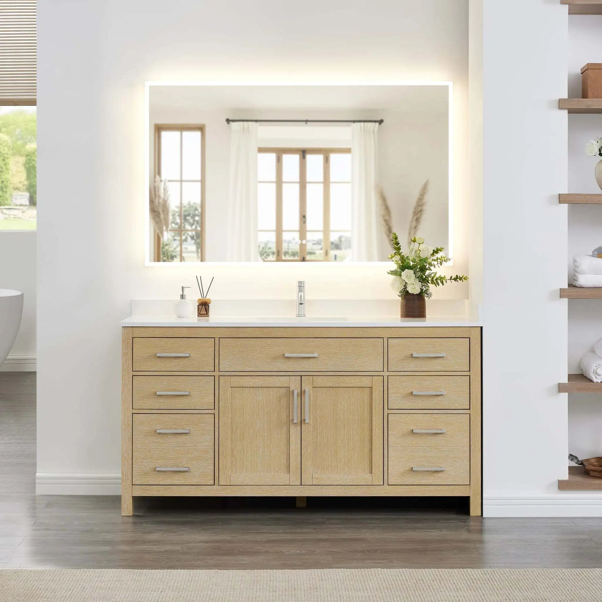 66" Beckett Single Bathroom Vanity in Whitewashed Oak with Brushed Nickel Trim by Wyndham
