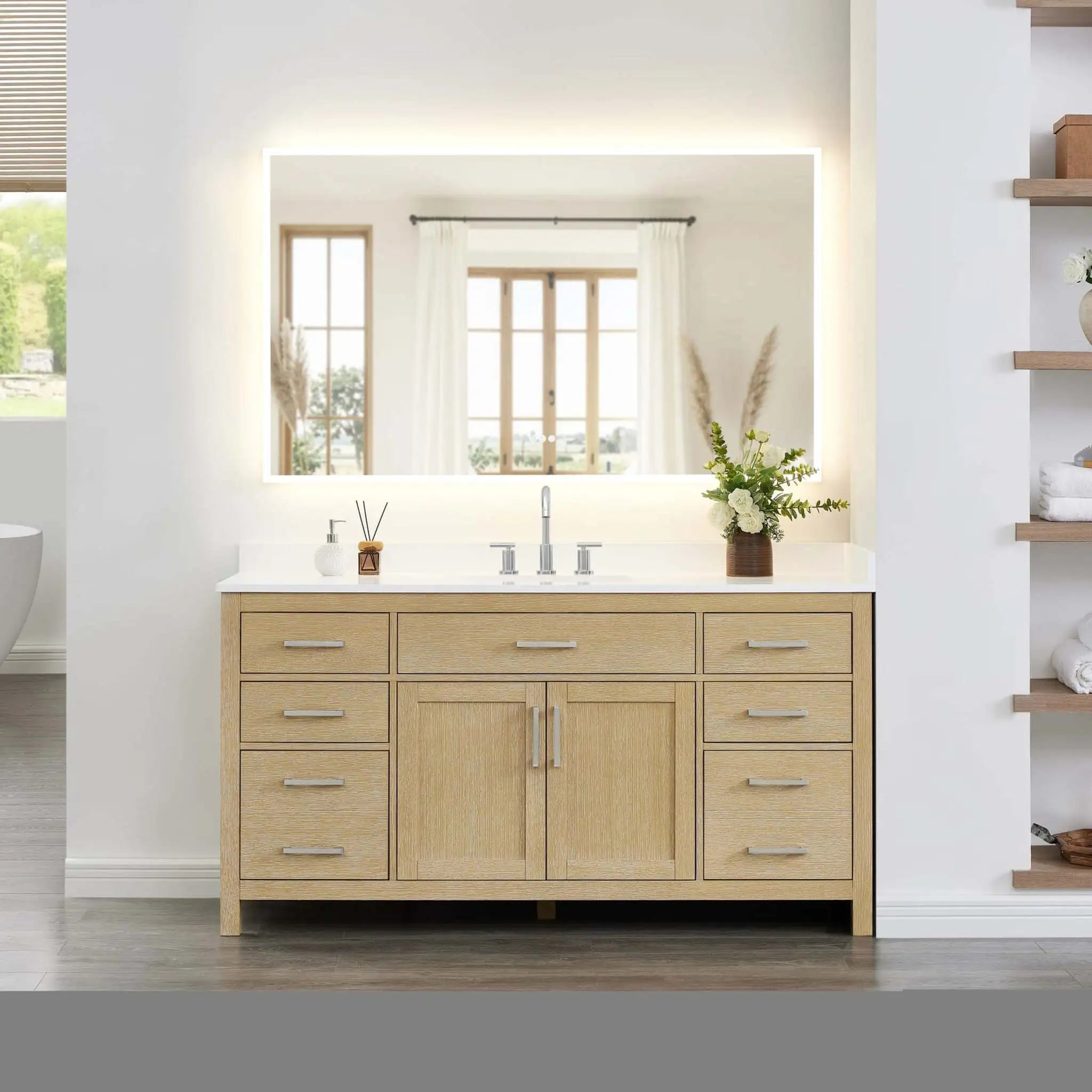 66" Beckett Single Bathroom Vanity in Whitewashed Oak with Brushed Nickel Trim by Wyndham