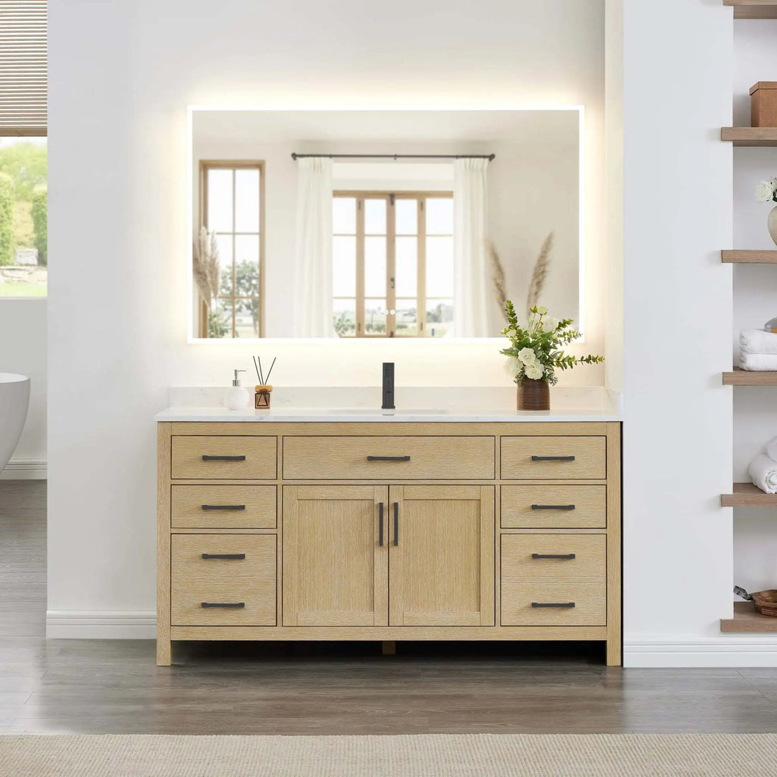 66" Beckett Single Bathroom Vanity in Whitewashed Oak with Matte Black Trim by Wyndham