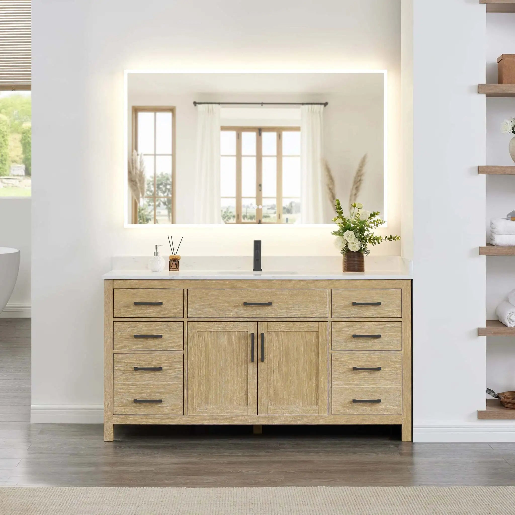 66" Beckett Single Bathroom Vanity in Whitewashed Oak with Matte Black Trim by Wyndham