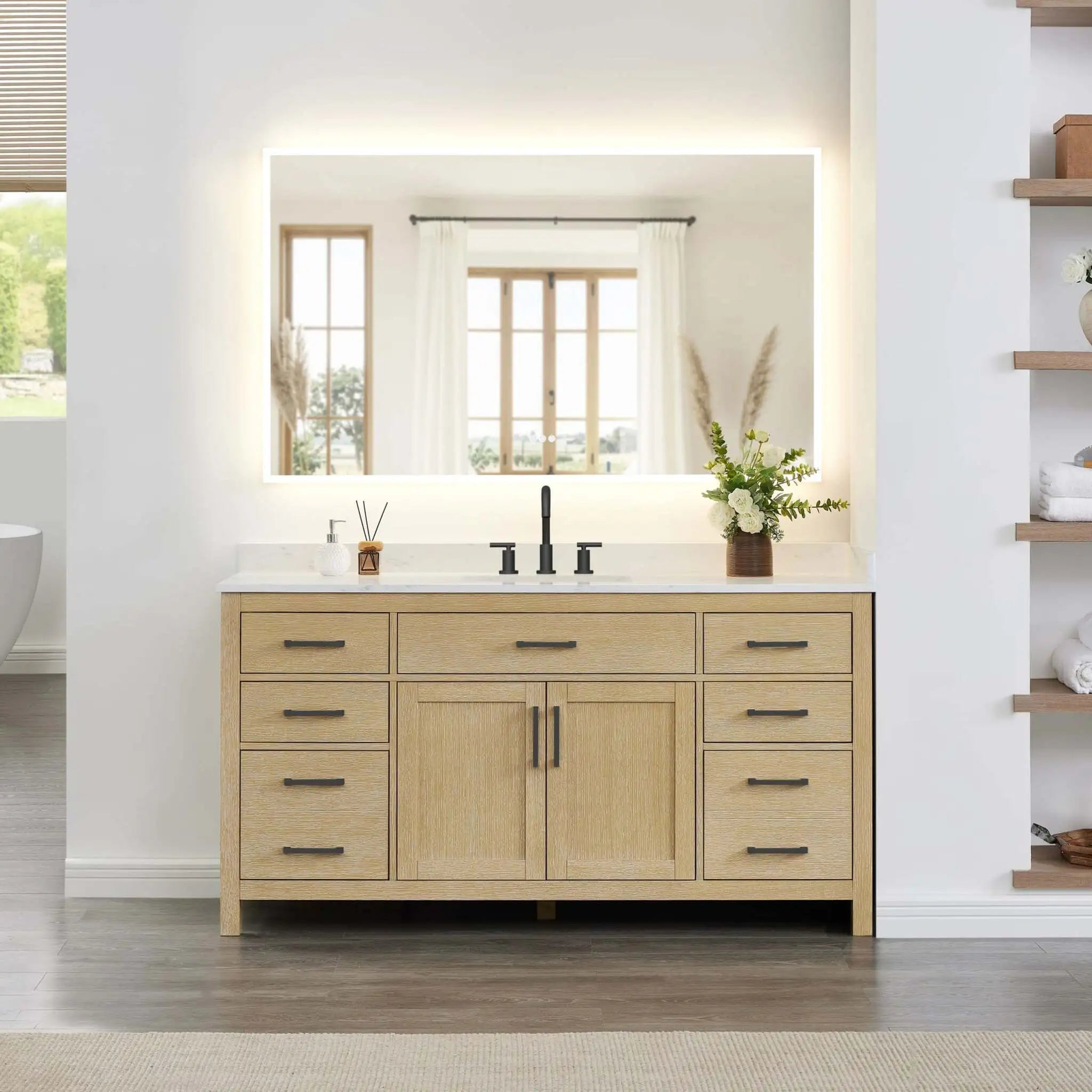 66" Beckett Single Bathroom Vanity in Whitewashed Oak with Matte Black Trim by Wyndham