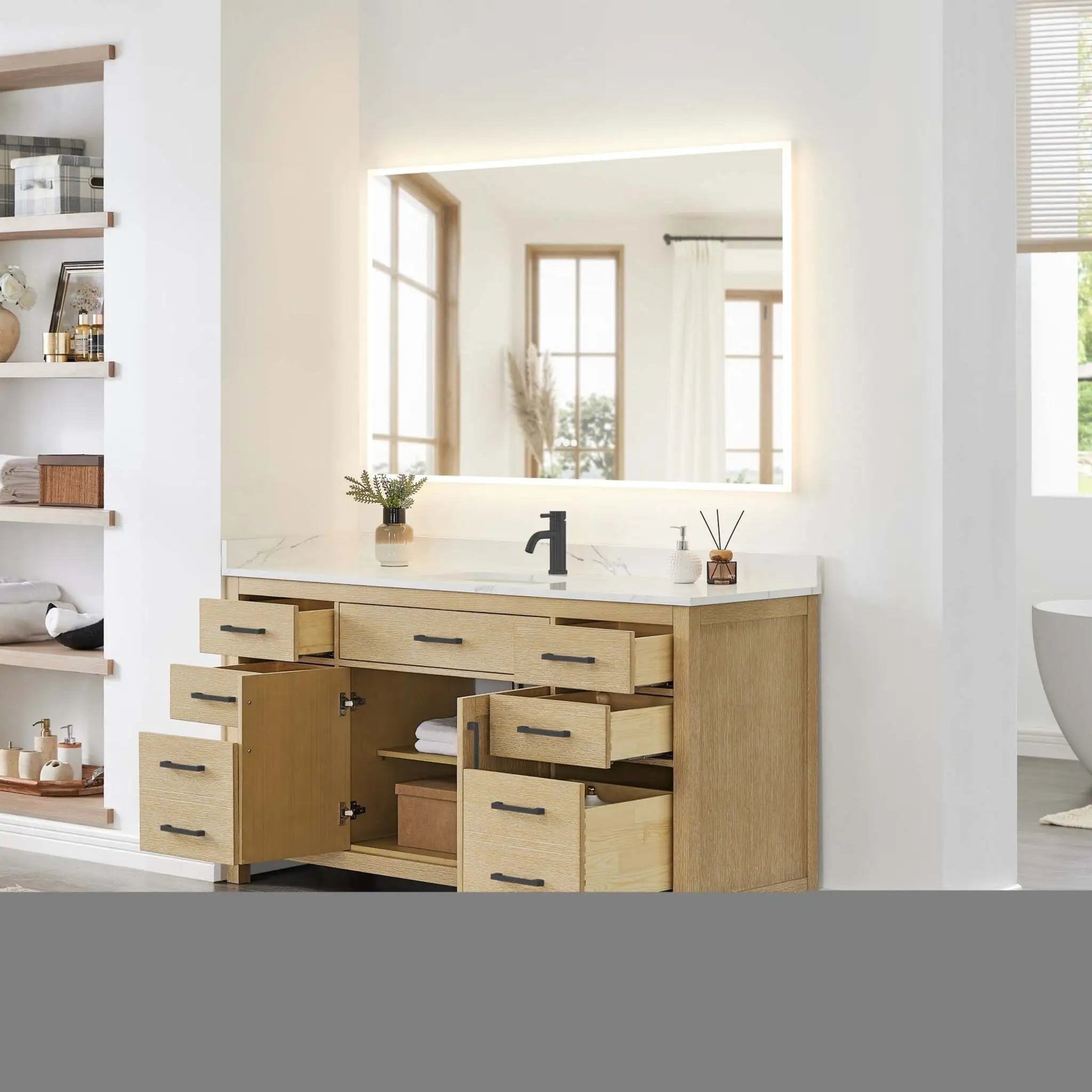66" Beckett Single Bathroom Vanity in Whitewashed Oak with Matte Black Trim by Wyndham